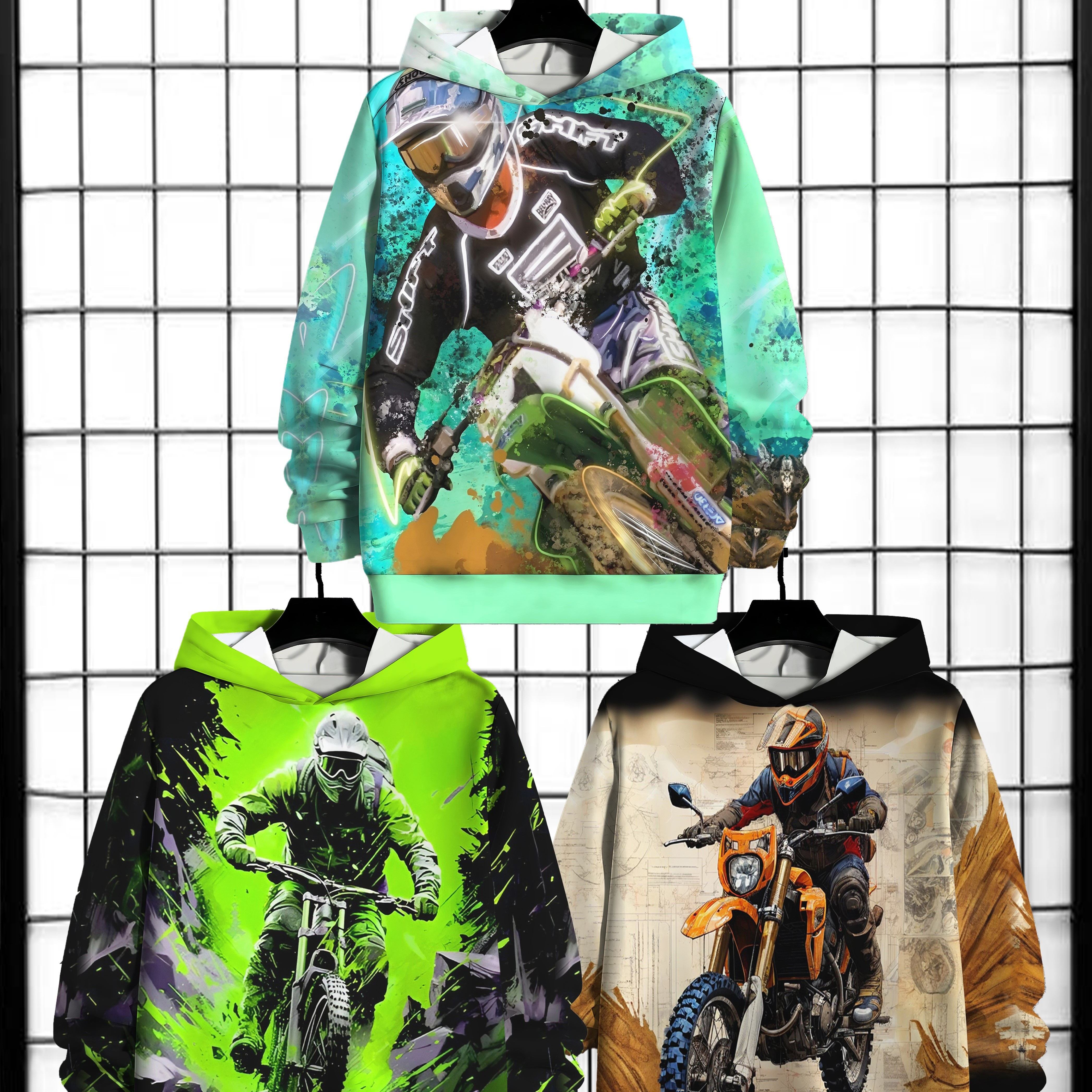 

3pcs Sweat à capuche décontracté à manches longues avec 3D de moto de dessin pour garçon, haut à capuche pour activités décontractées de et en automne