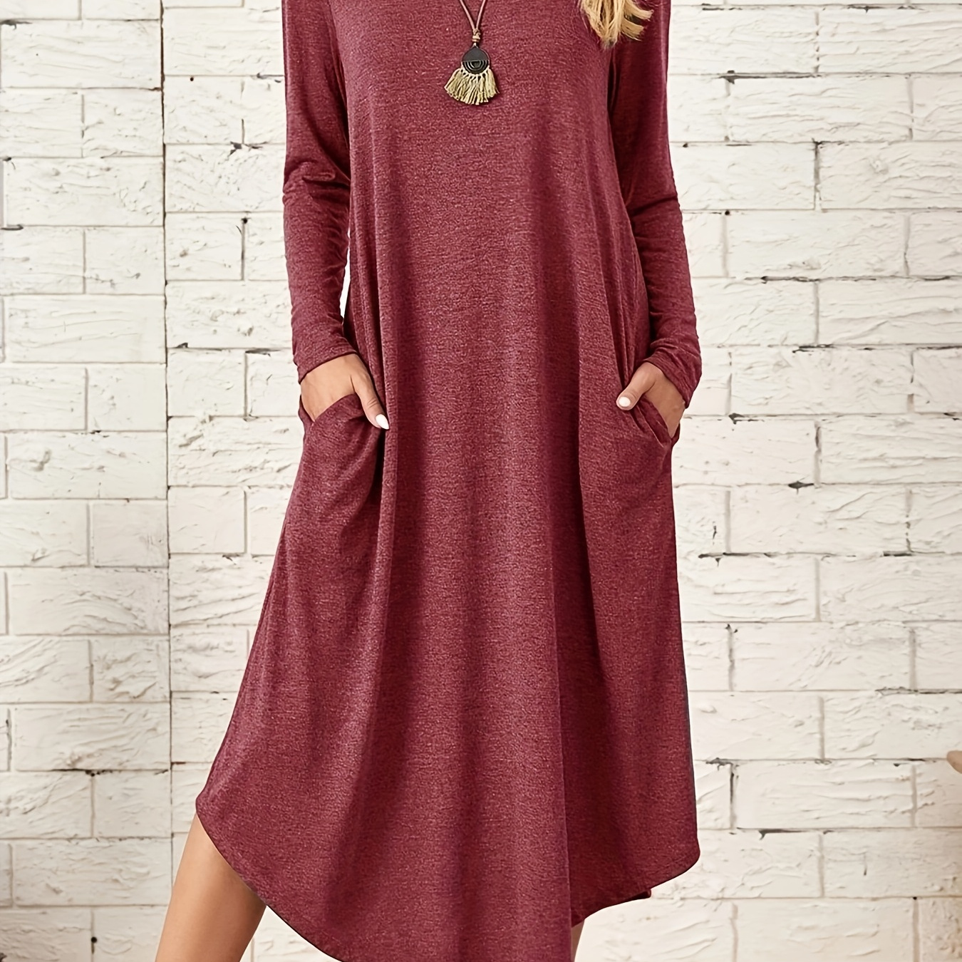 

Women's Casual Crew Neck Tunic Dress With And Curved Hem, Polyester Knit Fabric, Solid Color, For Spring/fall, Plus Size Tunic