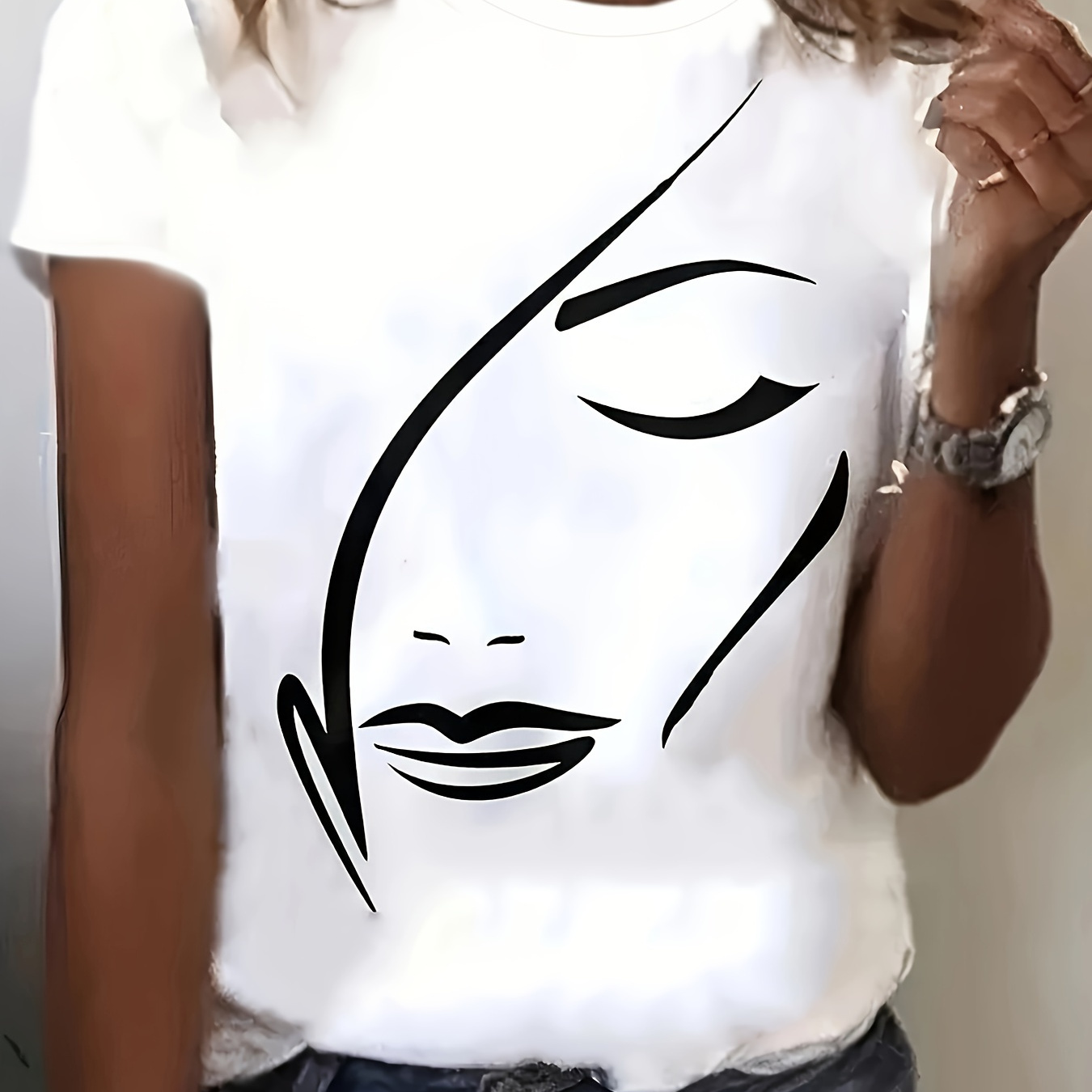 

Figure Neck T-shirt, Casual Short Sleeve Summer , Women's Clothing