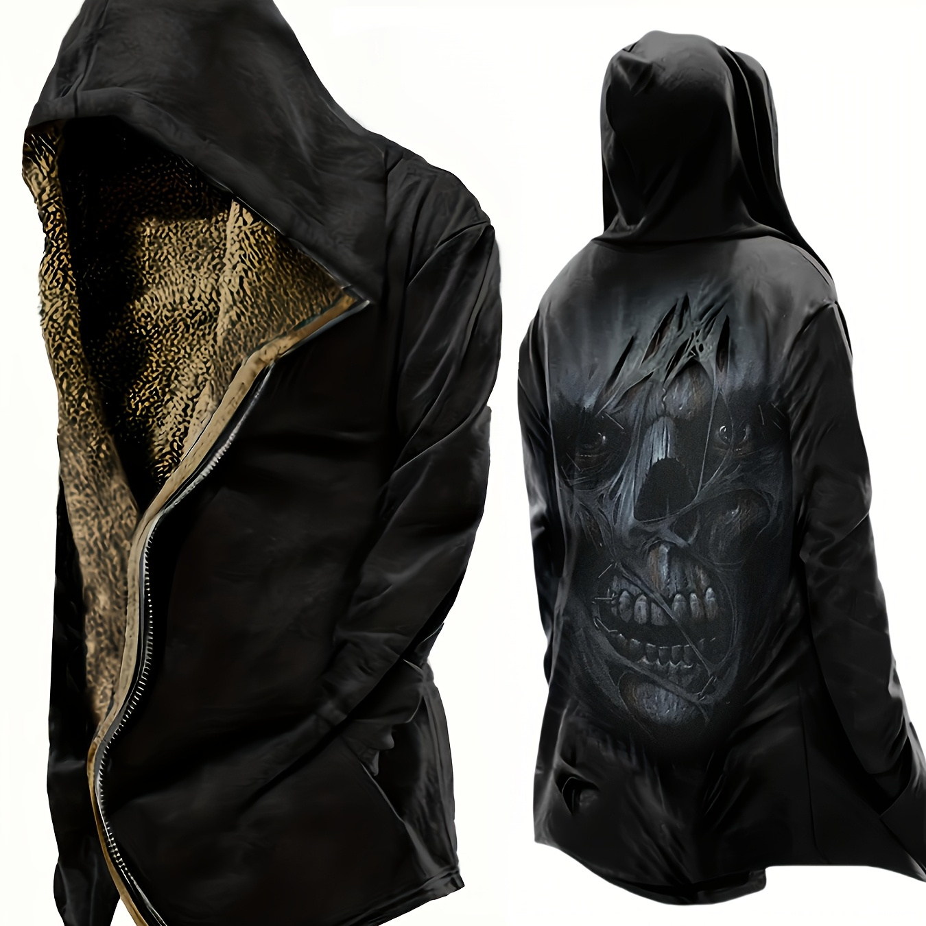 

Men's Casual 3d Skull Print Hooded Fleece Jacket, 100% Polyester, Regular Fit, Zipper Closure, Woven Fabric, Slight Stretch, Fall/winter Outerwear