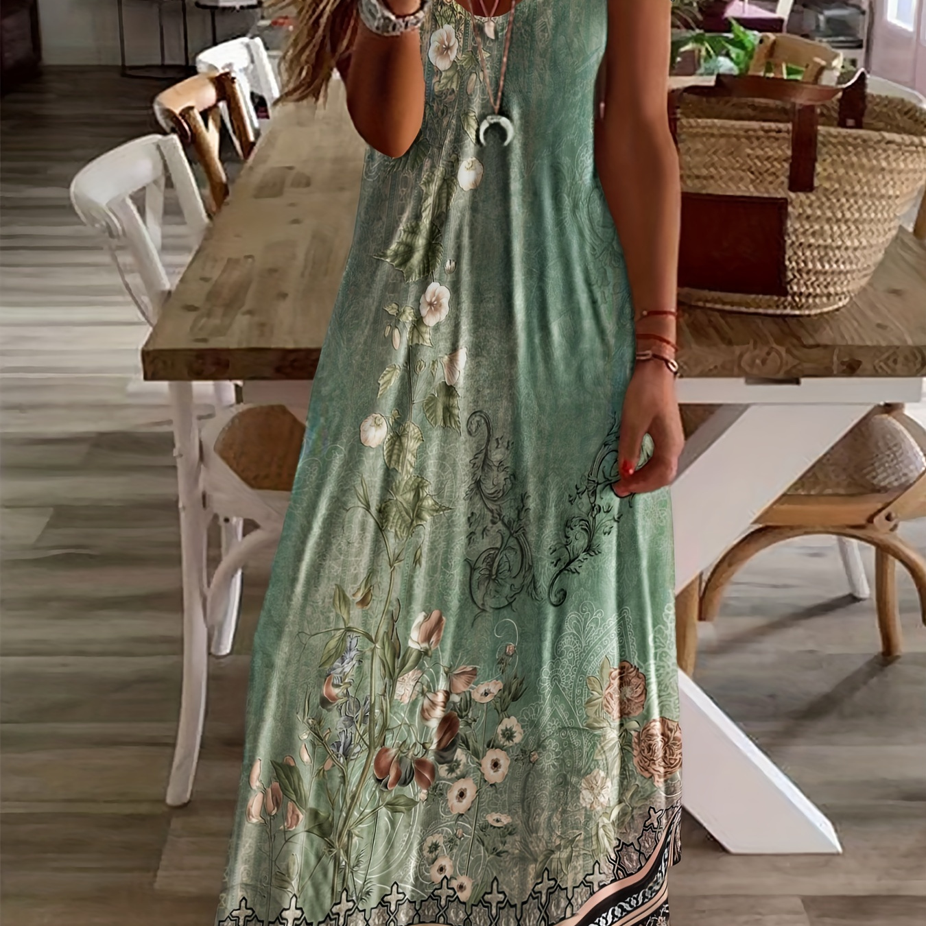 

Floral Print Maxi Dress, Vintage V Neck Short Sleeve Dress, Women's Clothing