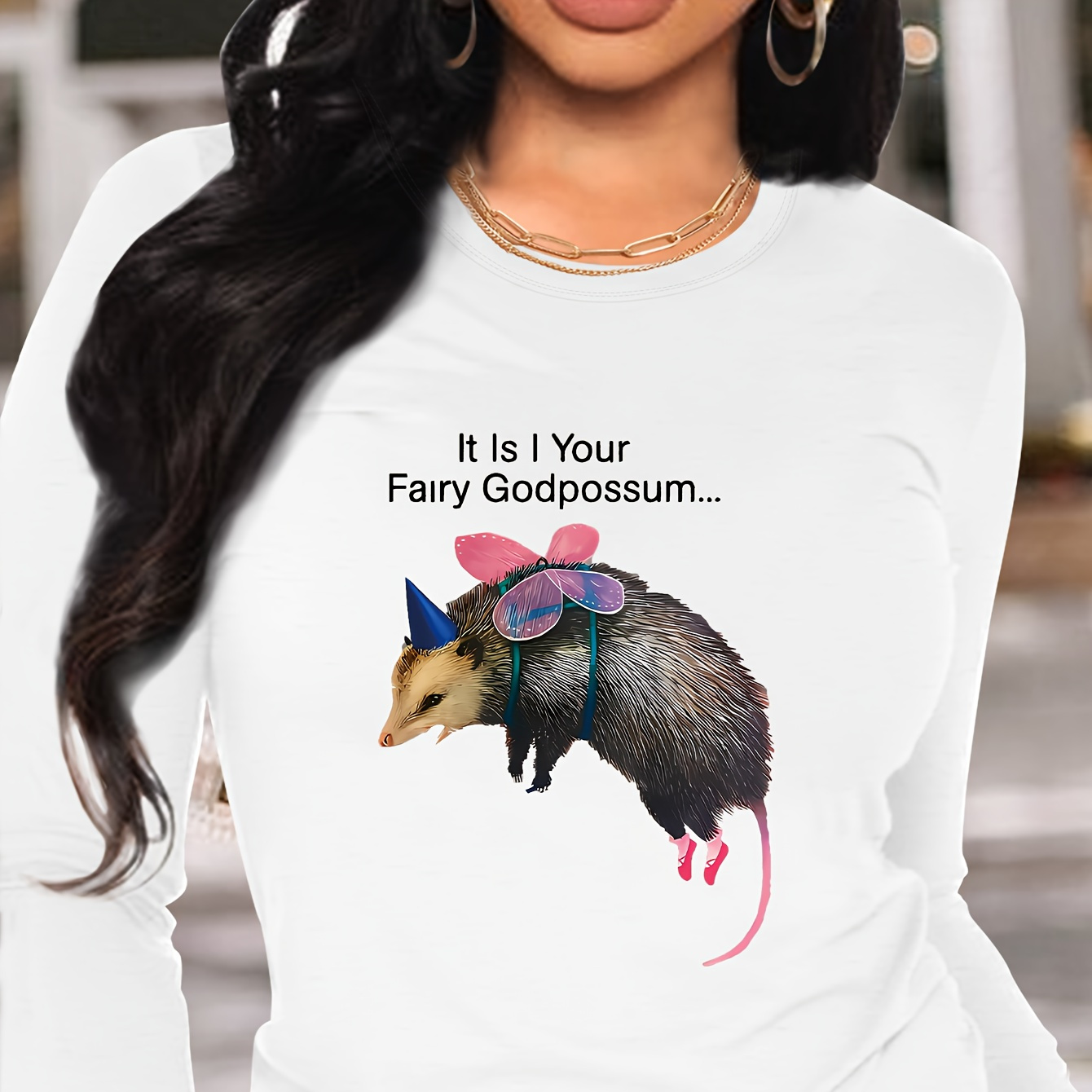 

Funny Opossum Fairy Godpossum Graphic Long Sleeve T-shirt, 100% Polyester, Casual Crew Neck, Applique Detail, Knit Fabric, Regular Length, All Season Wear