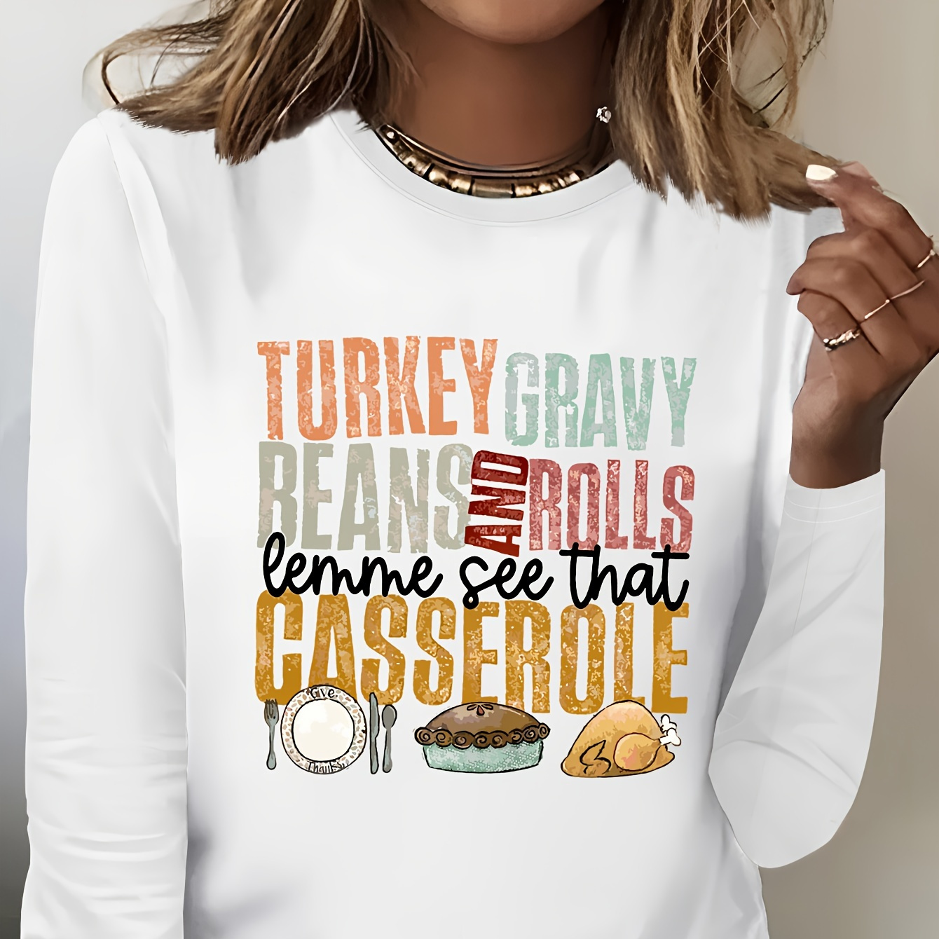 

Fresh Food & Letter Print Casual T-shirt, Crew Neck Long Sleeve Top For Spring & Fall, Women's Clothing