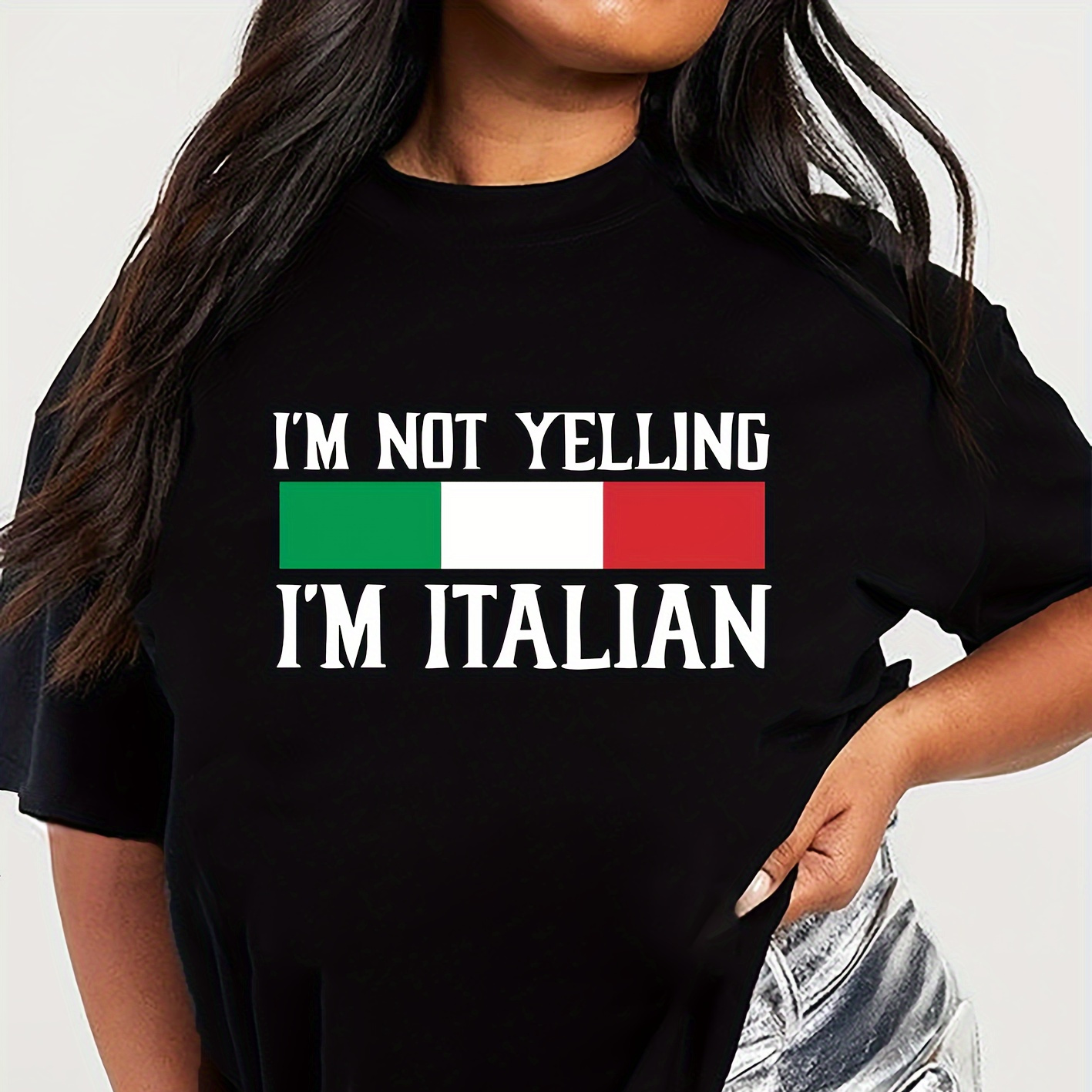 

Women's Plus Size Casual Sporty T-shirt, "i'm Not Yelling I'm Italian" Print, Comfort Fit Short Sleeve Tee, Fashion Breathable Casual Top