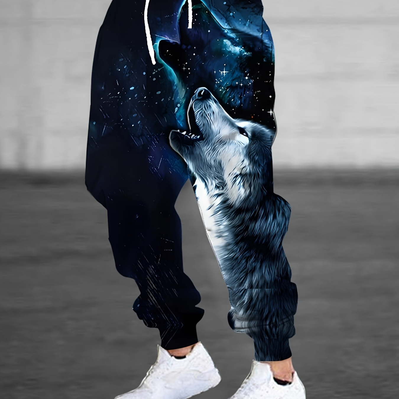 

Men' Wolf Print Joggers - Casual Polyester Sweatpants With Drawstring & Pockets, Machine Washable, Starry Night Design, Jogging Pants