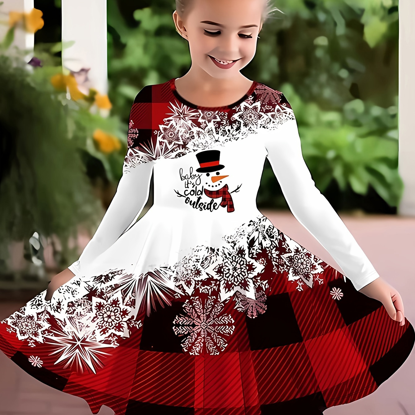 

Splicing Snowman Graphic Long Sleeve Dress Paid Dresses Girls Spring Fall Christmas Gift