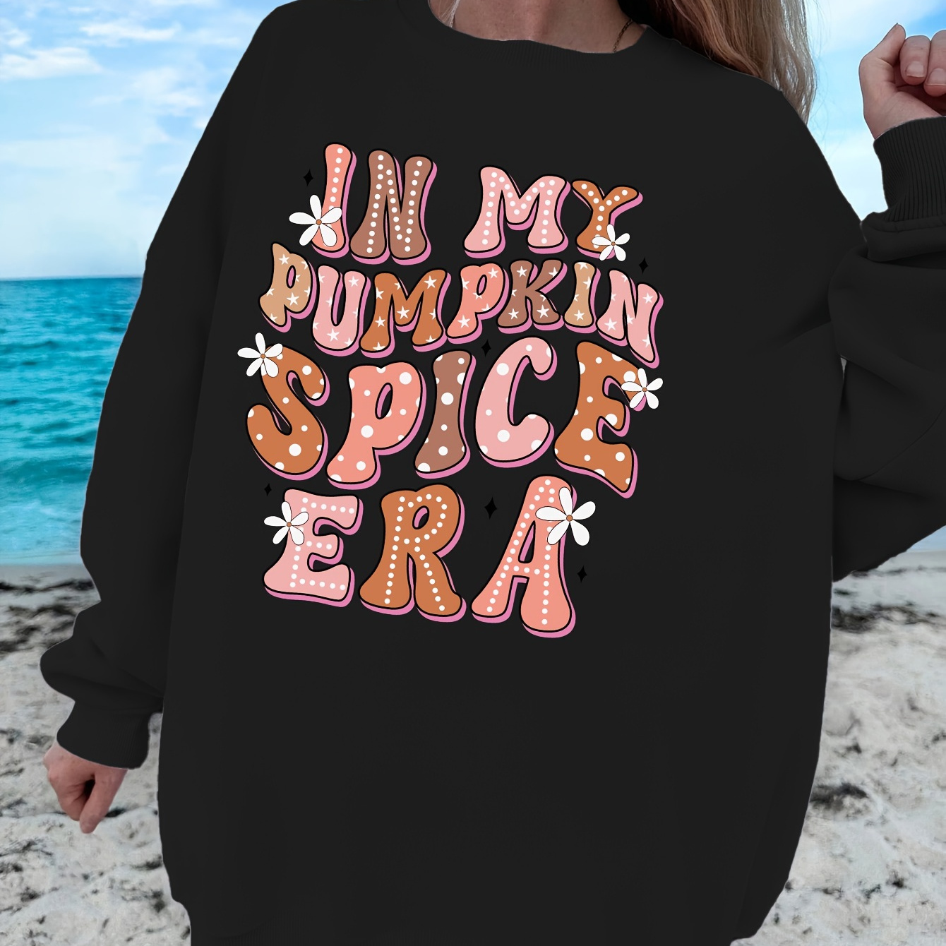 

Casual Polyester Sweatshirt For Girls - Long Sleeve Crew Neck With Alphabet Applique, Slight Stretch Knit Fabric, Fall/winter Loose Fit Pullover With Pumpkin Spice Slogan - Available For Ages 3+