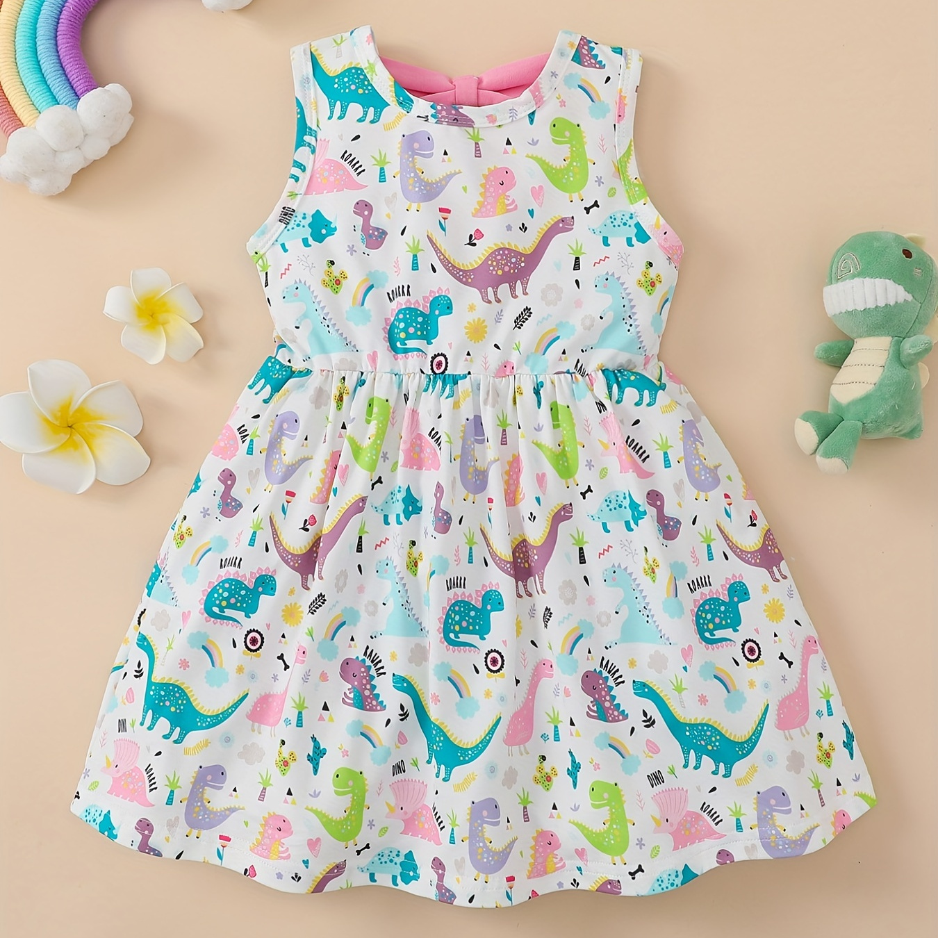 Toddler Girls Sleeveless Cute Dinosaur Graphic Back Bow Princess Dress For Party Beach Vacation Kids Summer Clothes