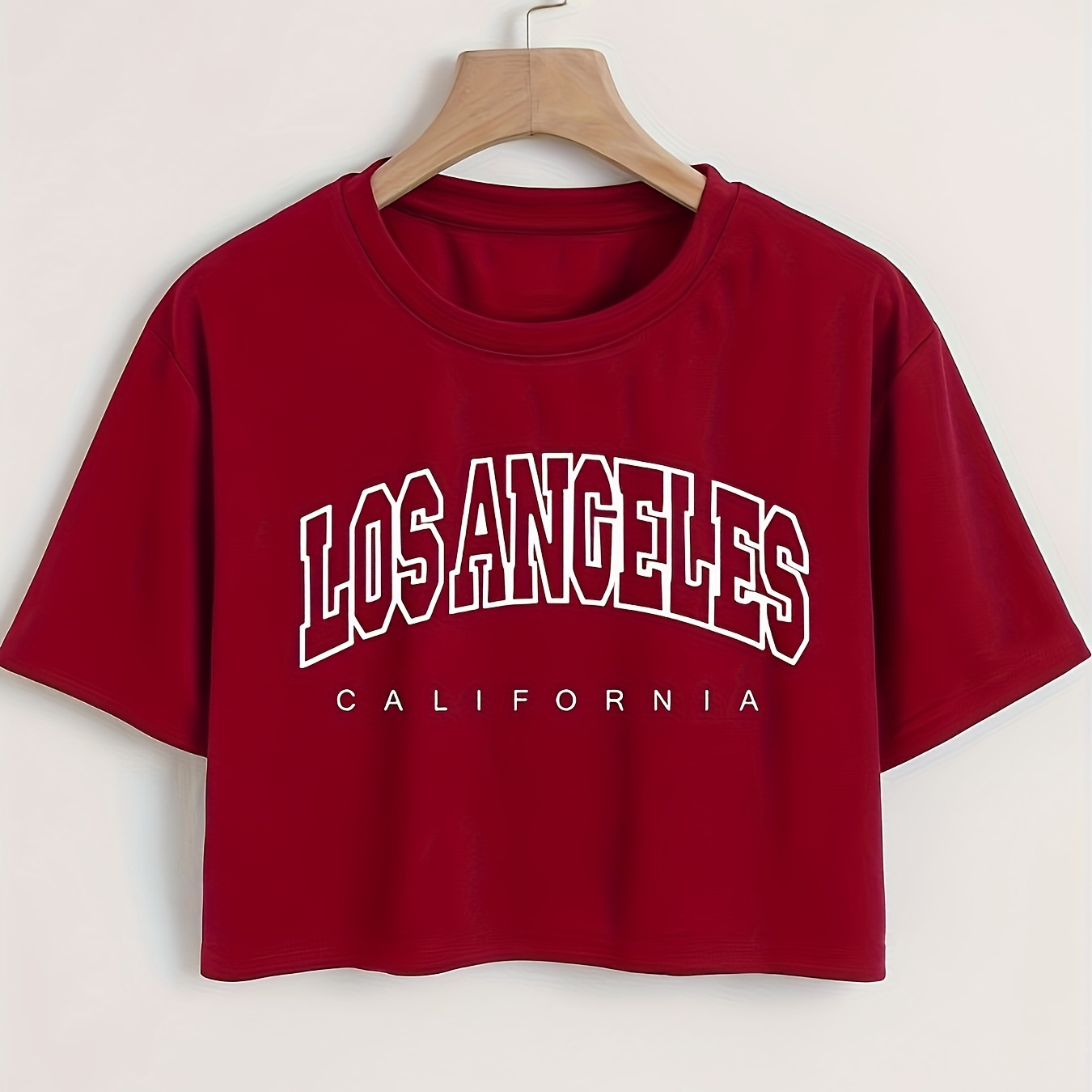 TEMU Women's Casual Los Angeles Print Cropped T-shirt, Sporty Style, Loose Fit, Drop Shoulder, Versatile Top, Breathable