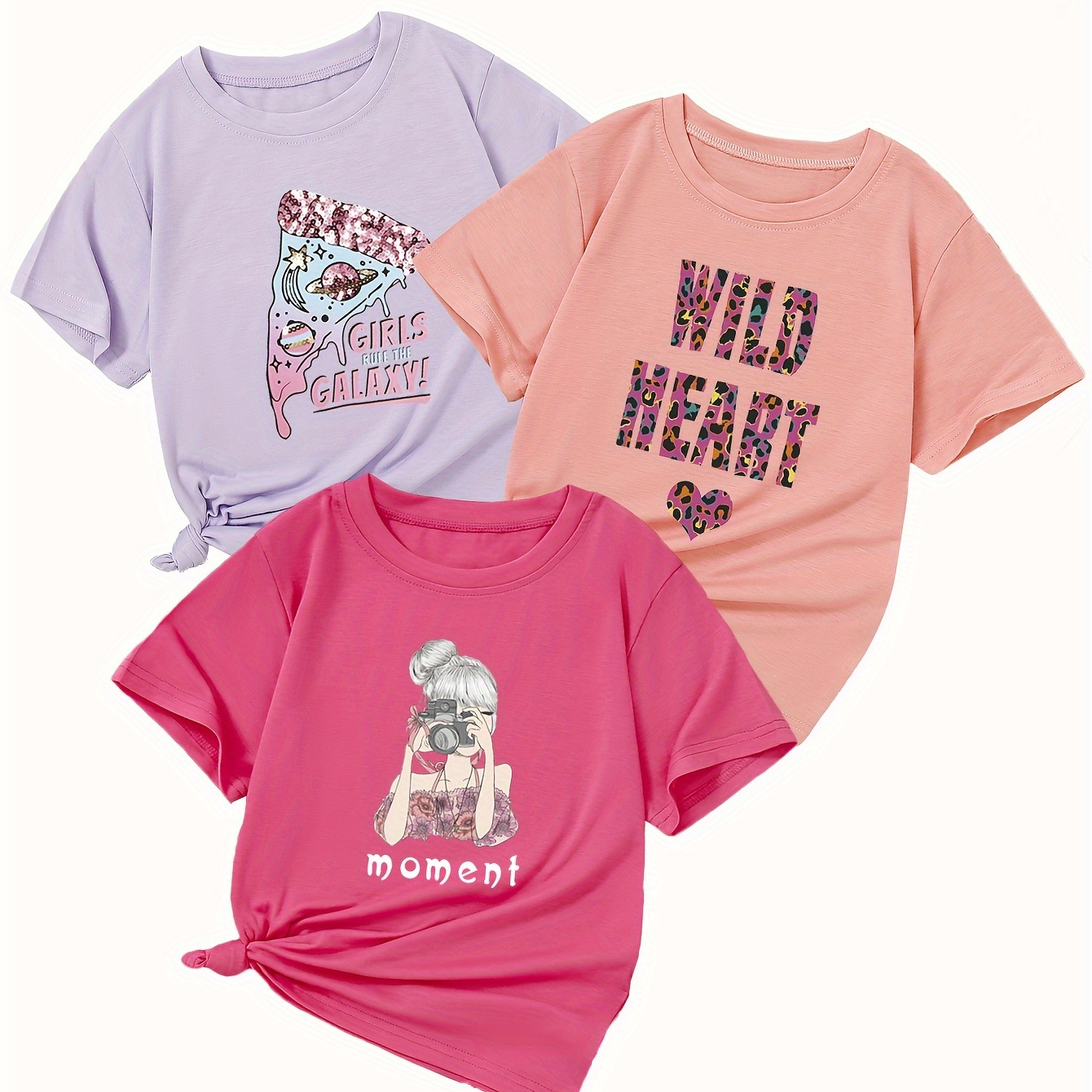 

Wild Heart/cool Anime Pizza Slice/anime Camera Girl Graphic Print For Girls, 3pcs Comfy And Fit T-shirts, Top Pullover For Spring And Summer For Outdoor Activities