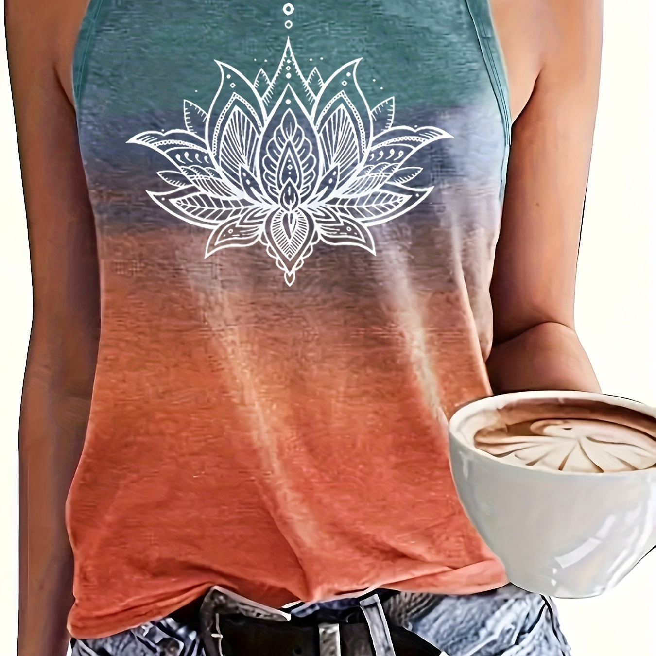 

Lotus Print Tank Top, Casual Sleeveless Top For Spring & Summer, Women's Clothing