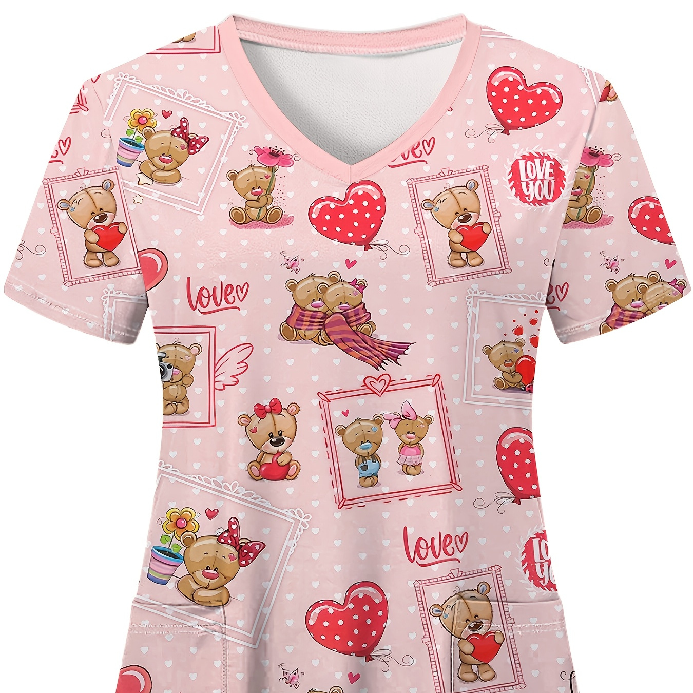 

1pc Women's Valentine's Day Heart Bear V-neck Scrubs Top, Polyester Knit Fabric With Pocket Detail, Regular Fit Short Sleeve Nursing Shirt For Spring/summer/