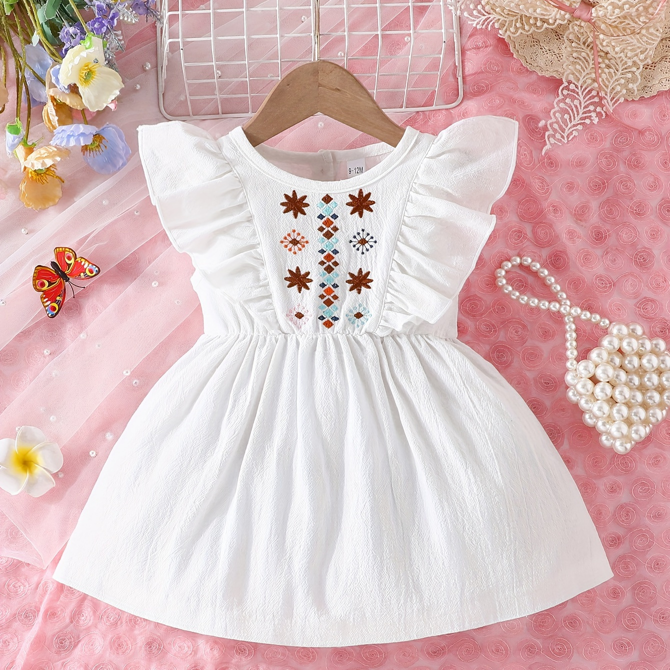 

Infant & Toddler's Ethnic Style Pattern Cotton Dress, Casual Cap Sleeve Dress, Baby Girl's Clothing For Summer