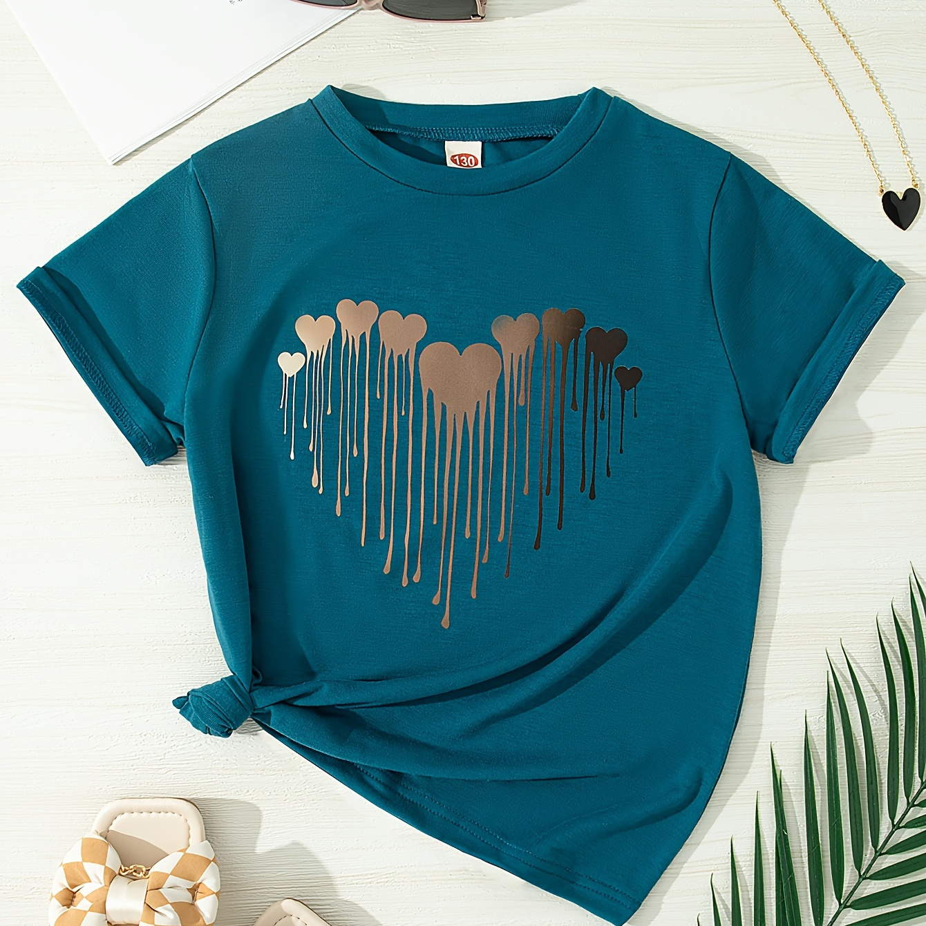 

Gradient Heart Graphic Crew Neck Short Sleeve T-shirt Top For Girls Summer Outdoor Gift