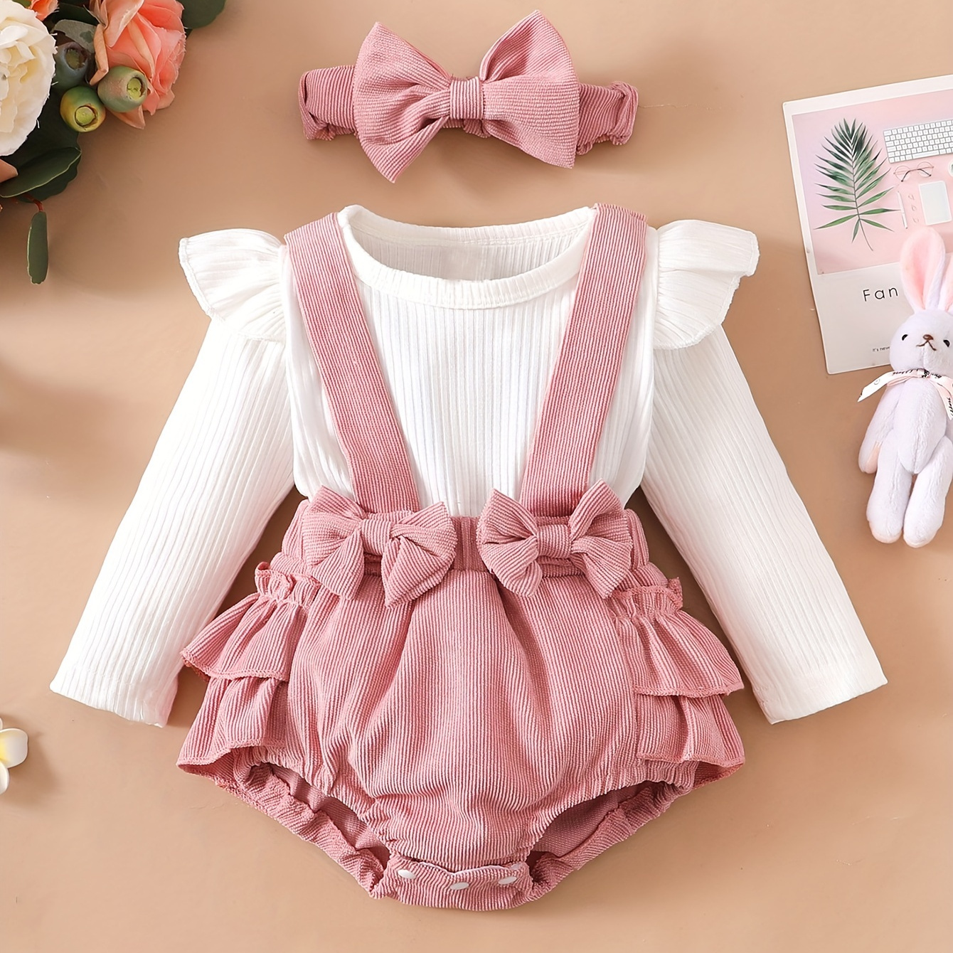 

Baby Girls Jumpsuit Newborn Dress Ruched Bodysuit Suspender Shorts Romper Cute Clothes & Headband For Autumn And Winter
