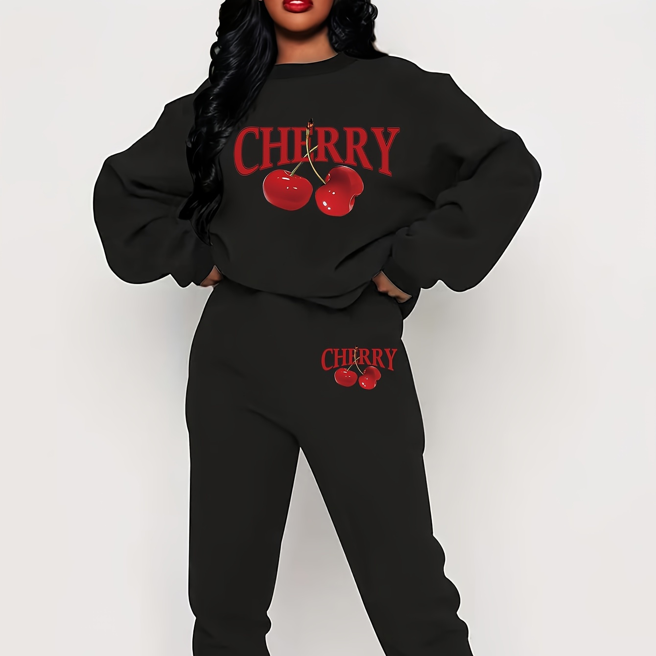 

2 Pcs Cherry Print Sweatshirt & Pants Set, Long Sleeve Crew Neck Sweatshirt & Drawstring Jogger Sweatpants, Women's Clothing