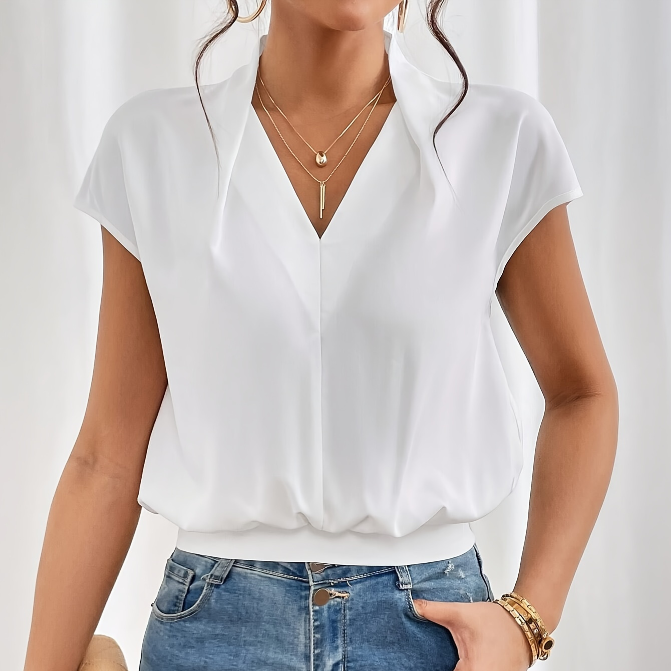 

Solid Color V Neck Blouse, Stylish Short Sleeve Blouse For Spring & Summer, Women's Clothing