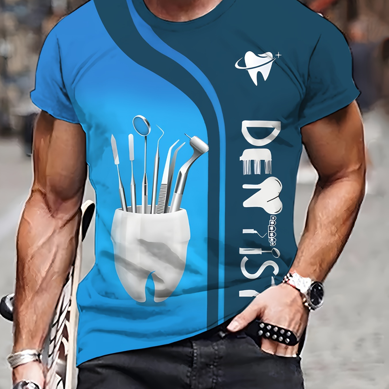 

Men's Dentist Theme 3d Print Fashion Tee, Casual Crew Neck Short Sleeve T-shirt With Dental Tools Graphic, 100% Polyester Knit Fabric With Slight Stretch