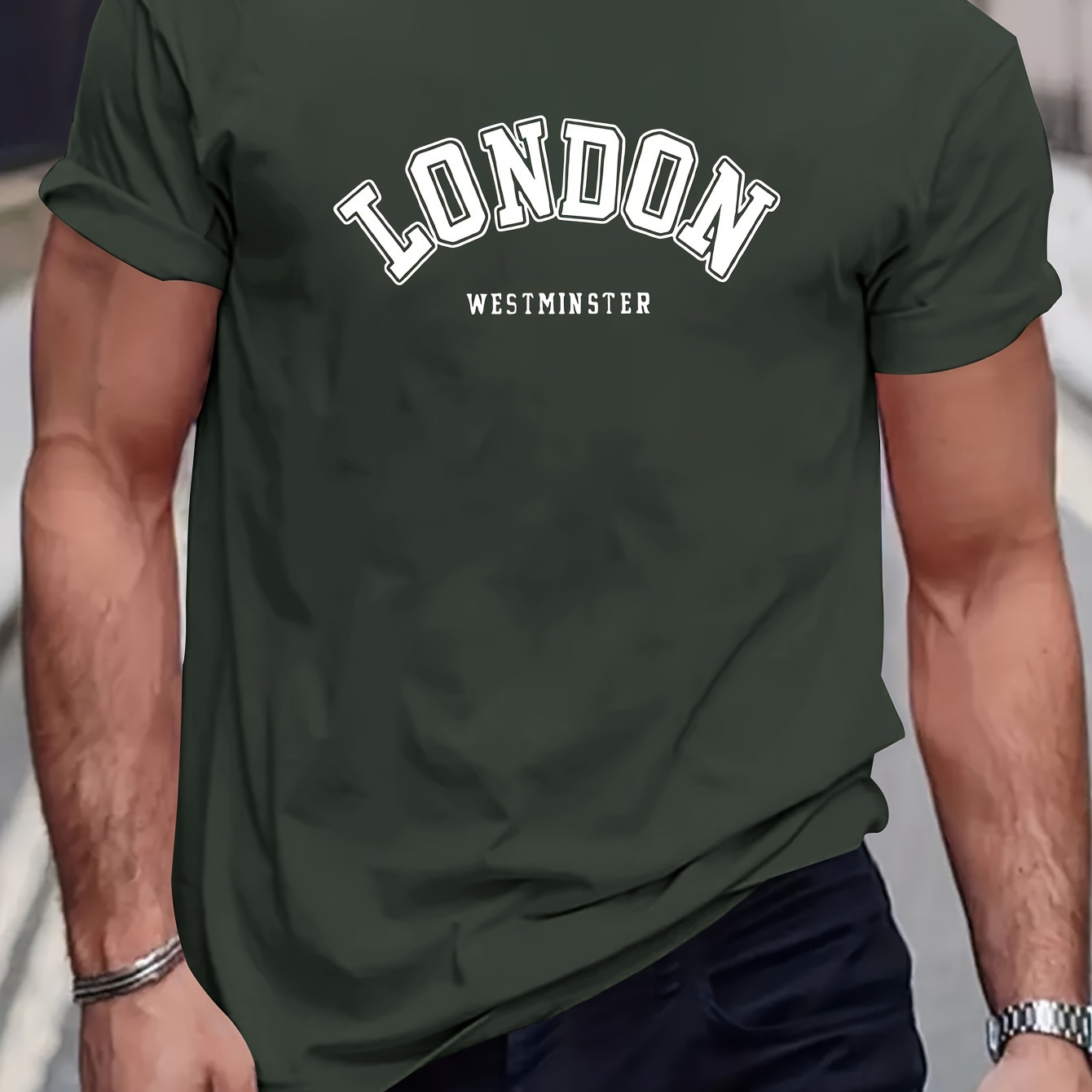 

London" Trendy Print Men's T-shirt, Comfortable Elastic Round Neck Tee, Ideal For Summer Outdoor Activities, Stylish Streetwear, Casual Top For Men