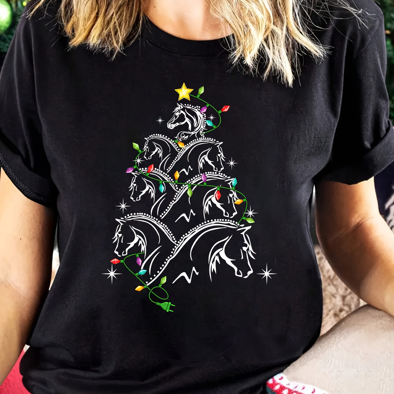 

1pc Women' Christmas Tree Print T-shirt - Casual Crew Neck Short Sleeve Top, Polyester Knit Fabric With Slight Stretch, Regular Length, Wear