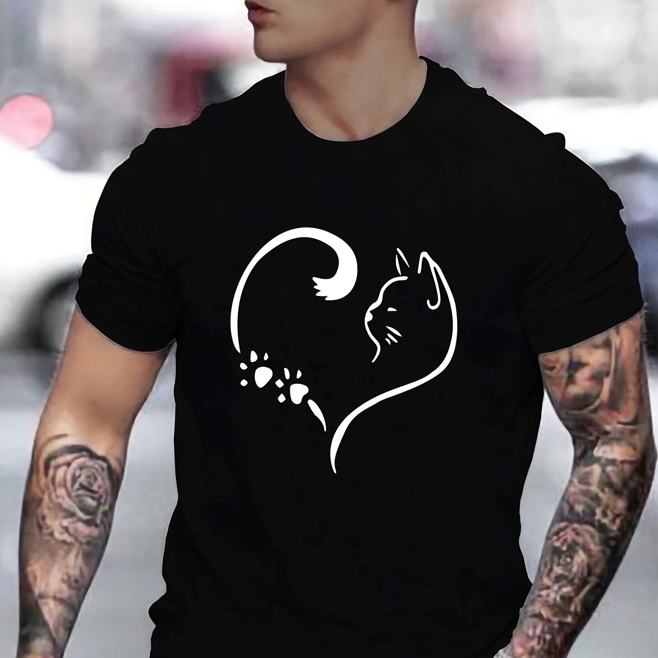 

Cute Cat Pattern Tee, Men's Casual Crew Neck T-shirt For Spring And Summer