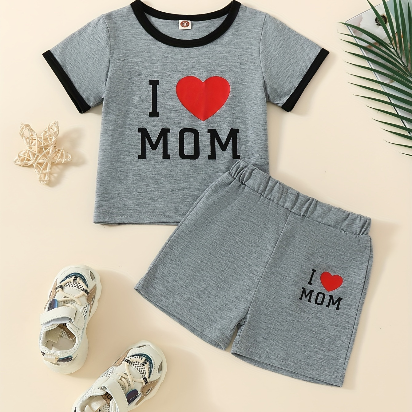 

2pcs Toddler Boy's Casual "i Love Mom" Print T-shirt & Shorts Set Baby's Clothing For Summer
