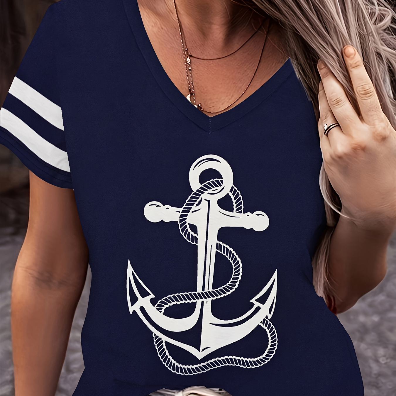 

1pc Women's Casual V-neck T-shirt With Nautical Detail, Stripes, Breathable 3d Print, Knit Fabric, Polyester & Spandex , Regular Length, Top