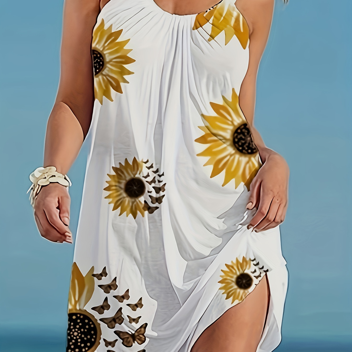 

Sunflower Print Cami Dress, Vacation Sleeveless Loose Dress, Women's Clothing