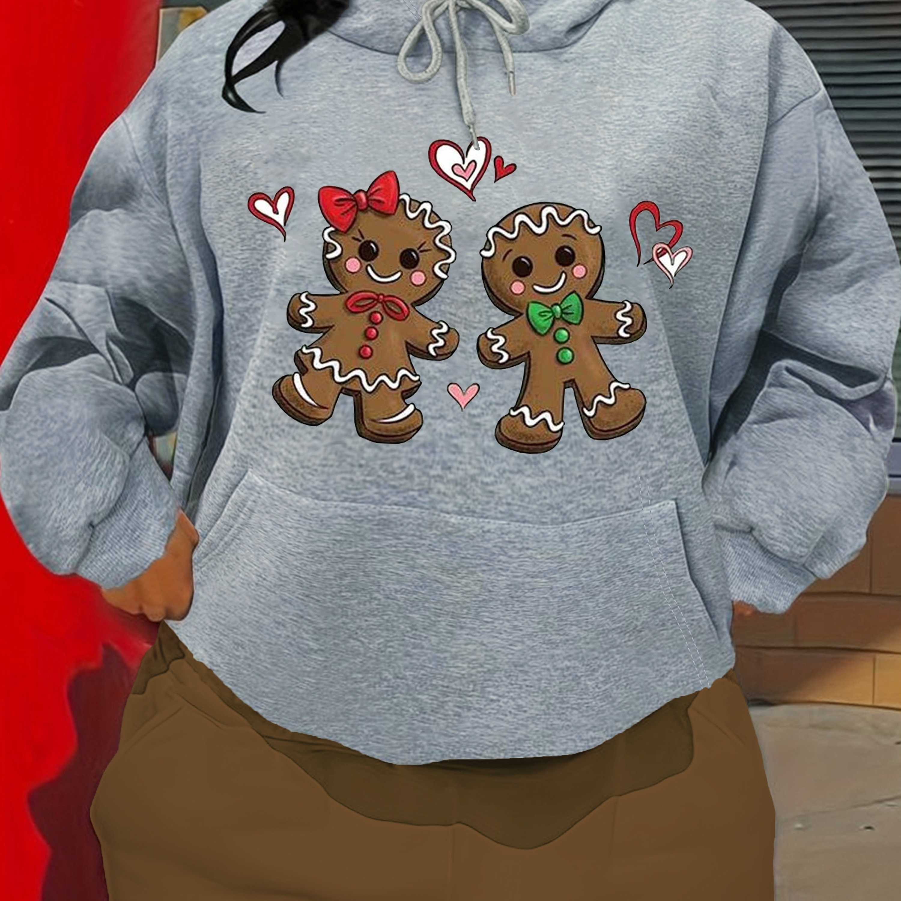 

Sweat à capuche imprimé bonhomme en pain d'épices de Noël, sweat-shirt à manches longues décontracté avec poche kangourou, vêtements pour femmes