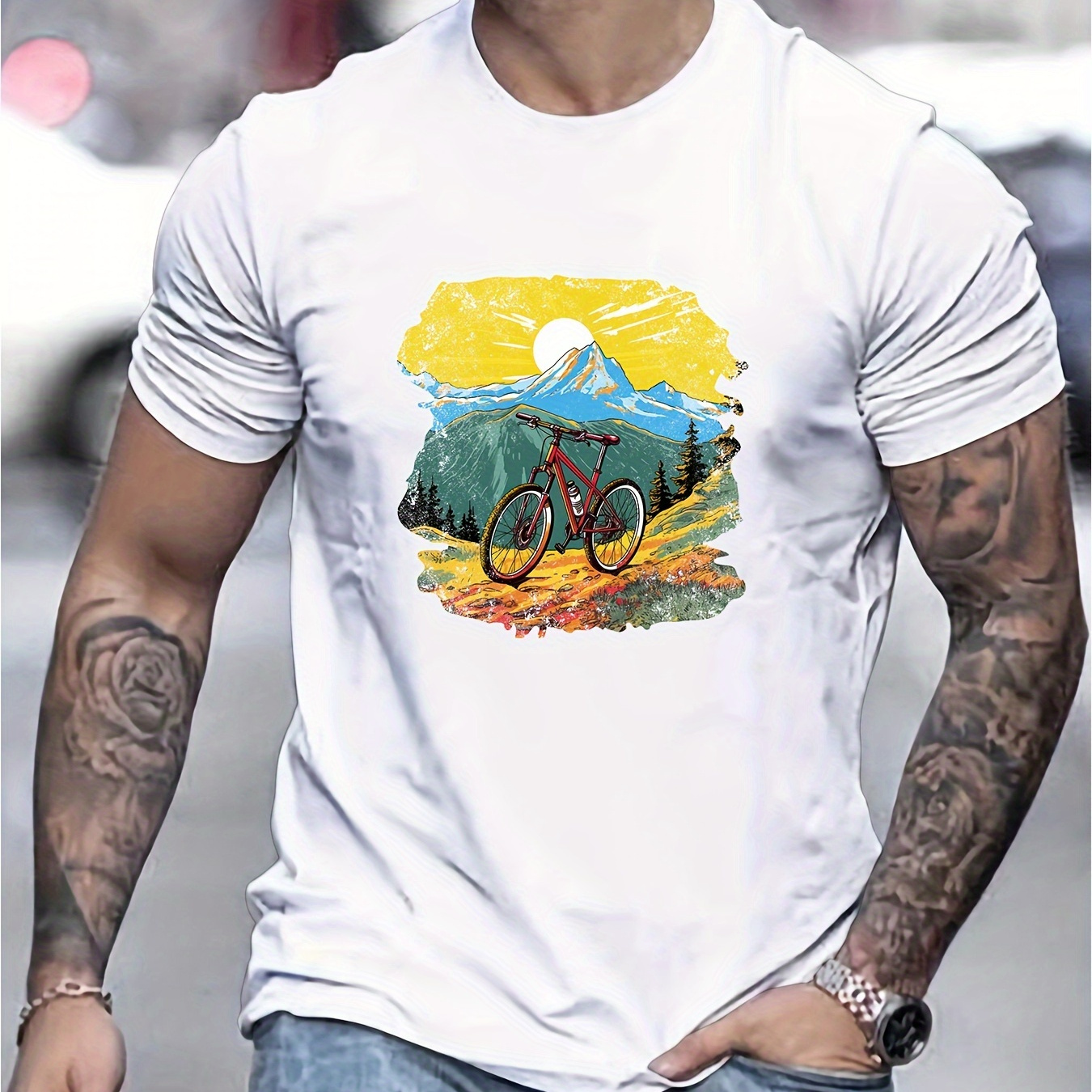 

Pure Cotton Men's T-shirt, Mountain Bike Scene Print Short Sleeve Crew Neck Tees For Summer, Casual Outdoor Comfy Clothing For Male