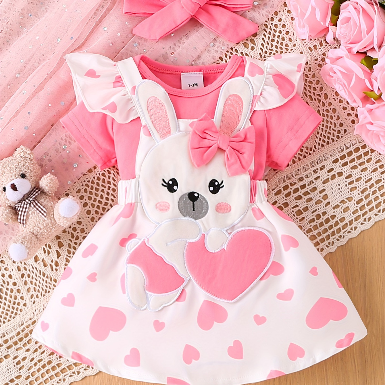 

Baby's Cute Rabbit Embroidered 2pcs Lovely Summer Outfit, Bodysuit & Heart Pattern Suspender Overall Dress Set, Toddler & Infant Girl's Clothes For Daily/holiday/party