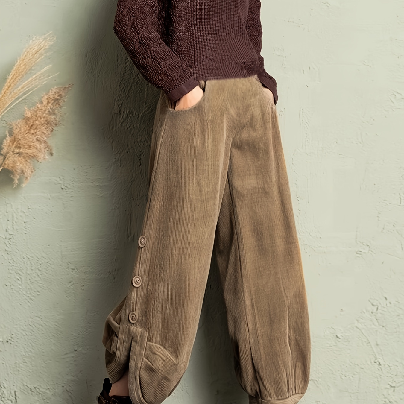 

1pc Elegant Cropped Corduroy Pants, Solid Color Polyester, Non-stretch Fabric, Straight Leg With Side Slit And Button Detail, Woven, Spring/fall Casual Wear