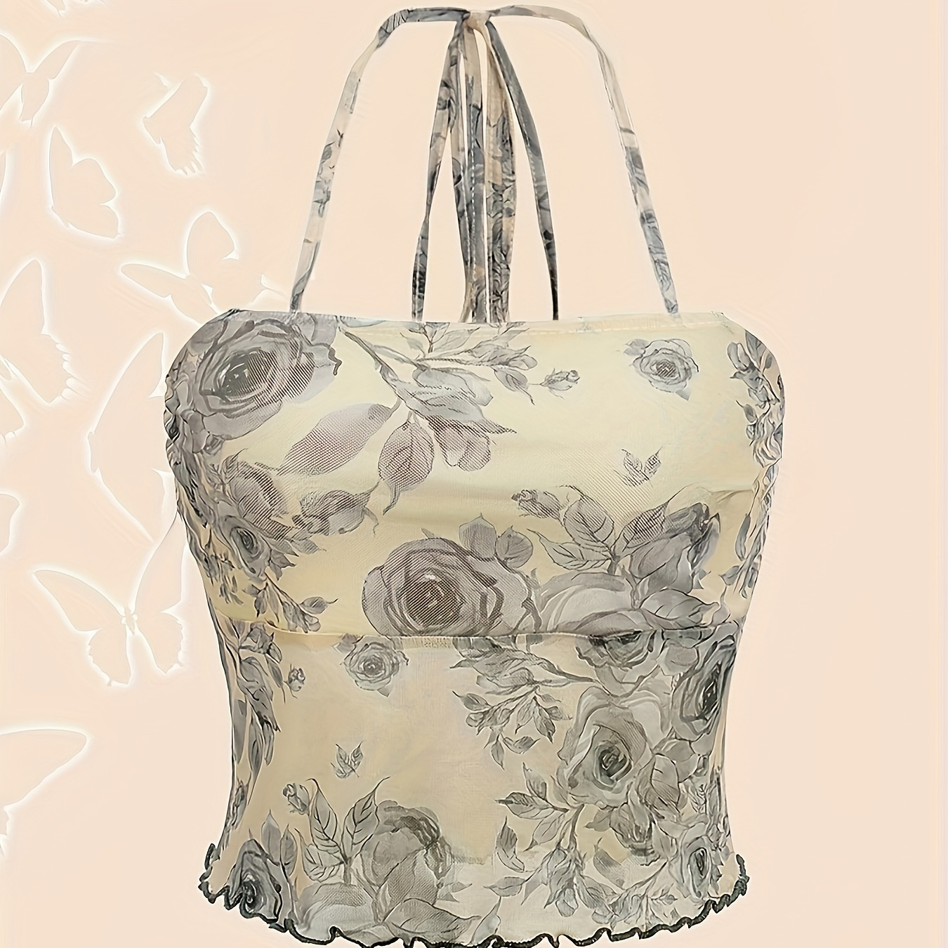 

Floral Pattern Tie Back Halter Top, Casual Sleeveless Top For Summer, Women's Clothing