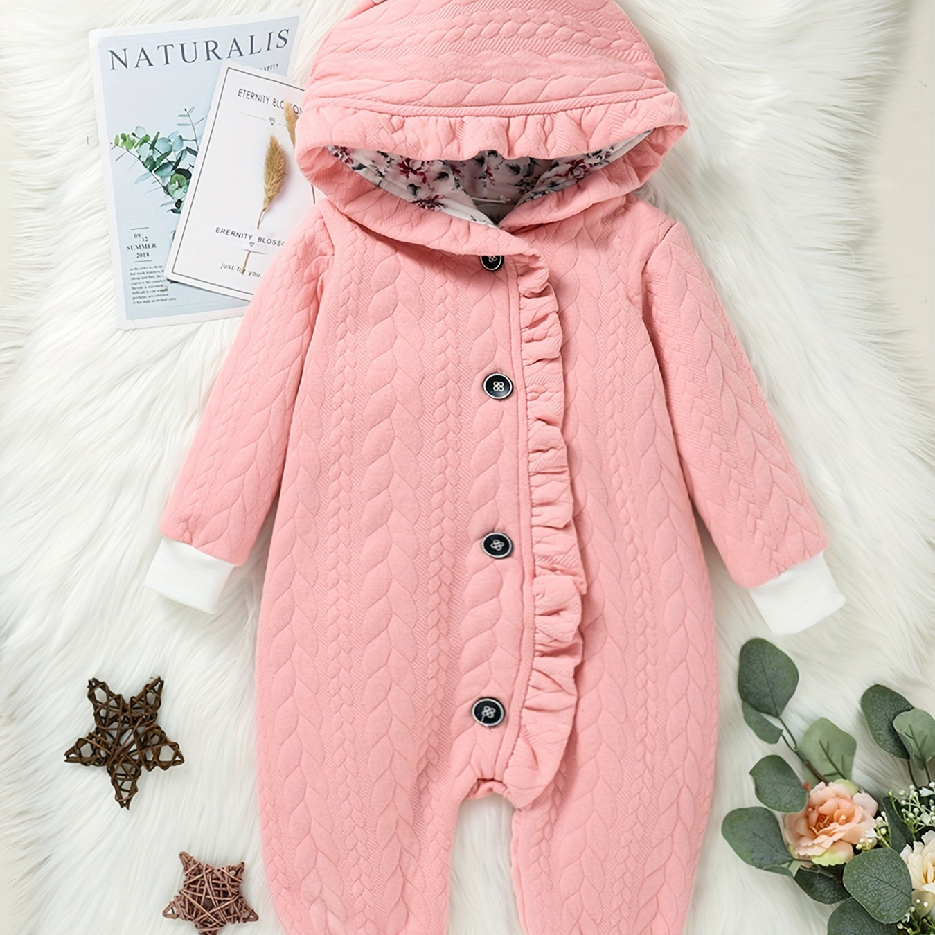 

Patpat Super Cute 3d Ears Hooded Long-sleeved Ruffle Thick Lined Baby Jumpsuit