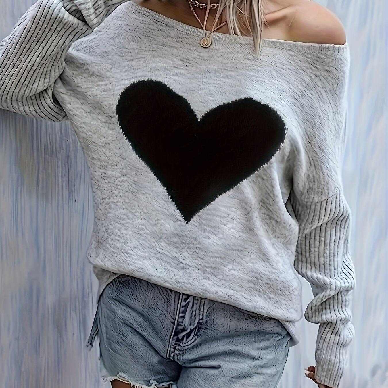 

Heart Pattern Crew Neck Sweater, Casual Drop Shoulder Long Sleeve Sweater For Fall & Winter, Women's Clothing