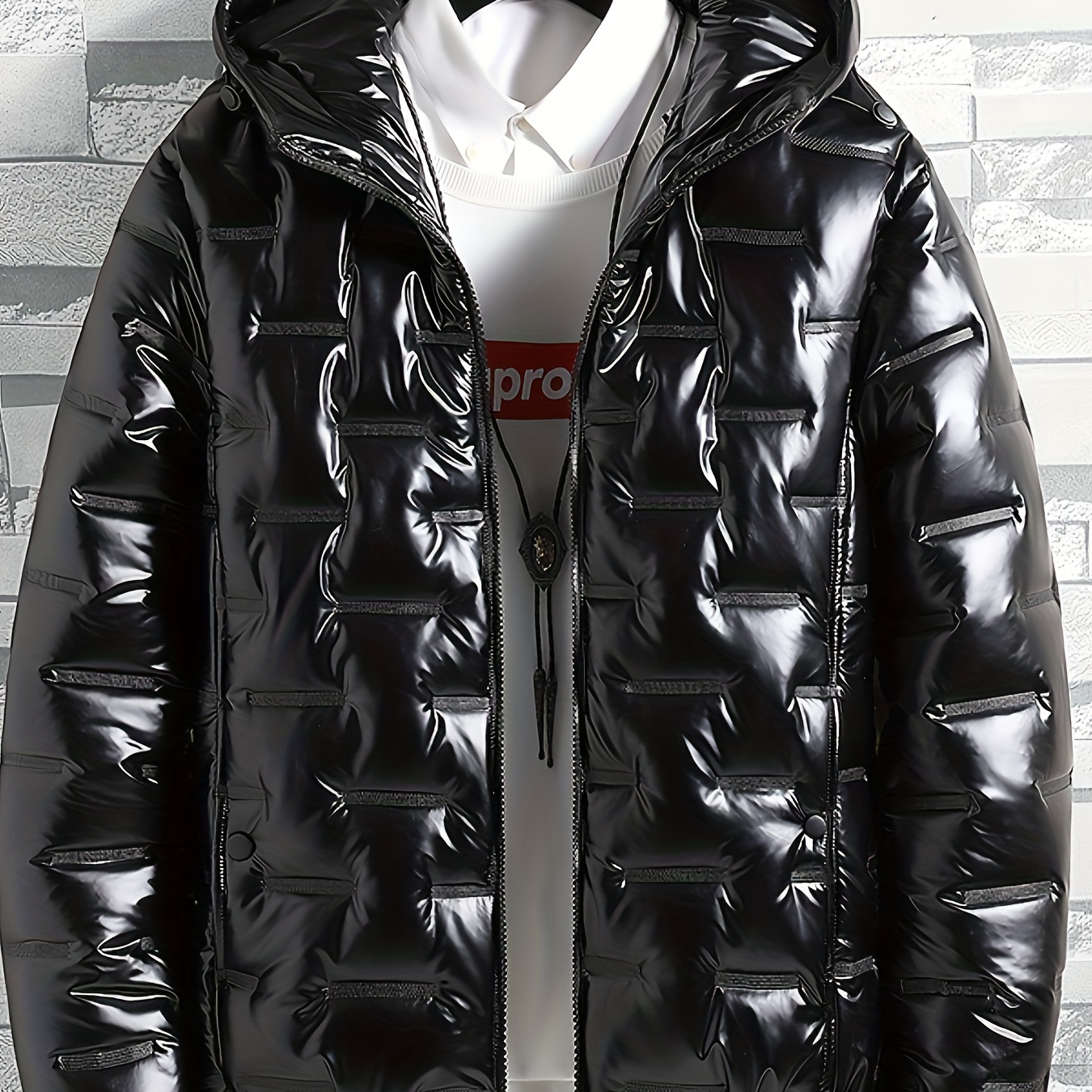 

1pc Manteau d'hiver à capuche brillant pour homme, coupe décontractée, style , coupe-vent, chaud, confortable, cadeau idéal pour Noël - Veste zippée à manches longues avec rembourrage en polyester