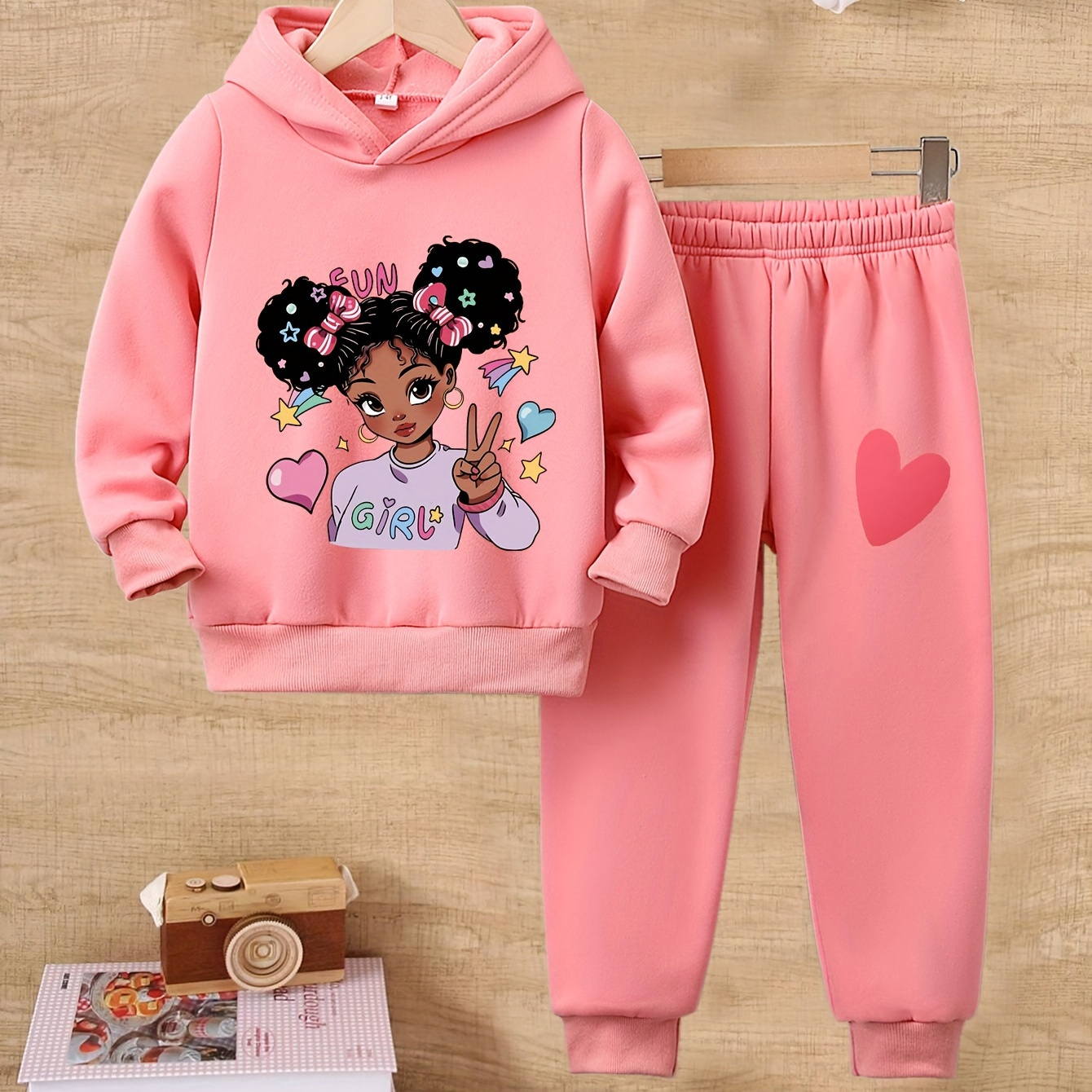 

Girls' Fashion 2pcs Set Of Sweatshirt And Jogging Pants, Cartoon Print, Comfortable Polyester , For Autumn And Winter Long Pants Set