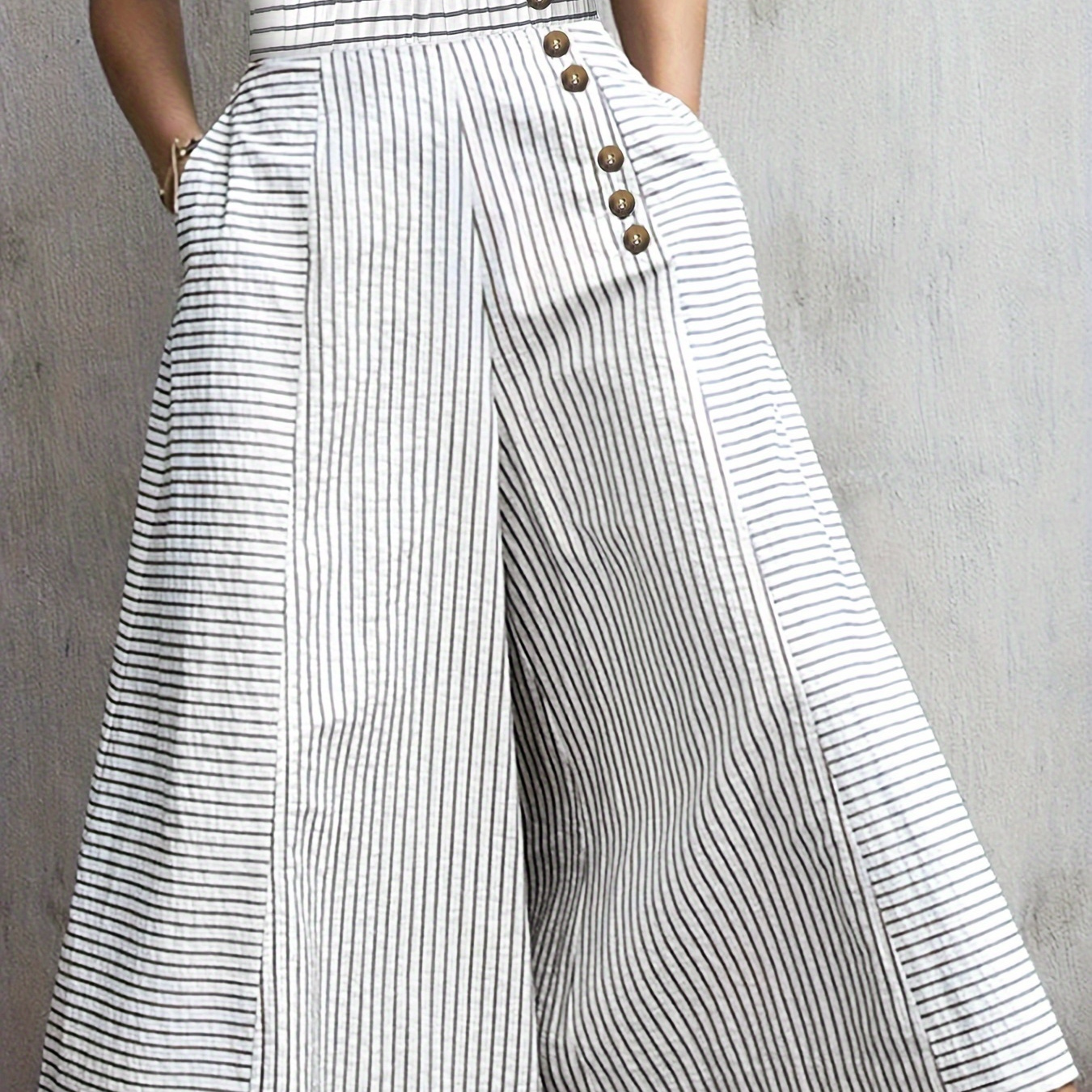 

Striped Fake Buttons Elastic Waist Pants, Casual & Versatile High Waist Wide Leg Cropped Daily Wear Pants For Spring & Summer, Women's Clothing