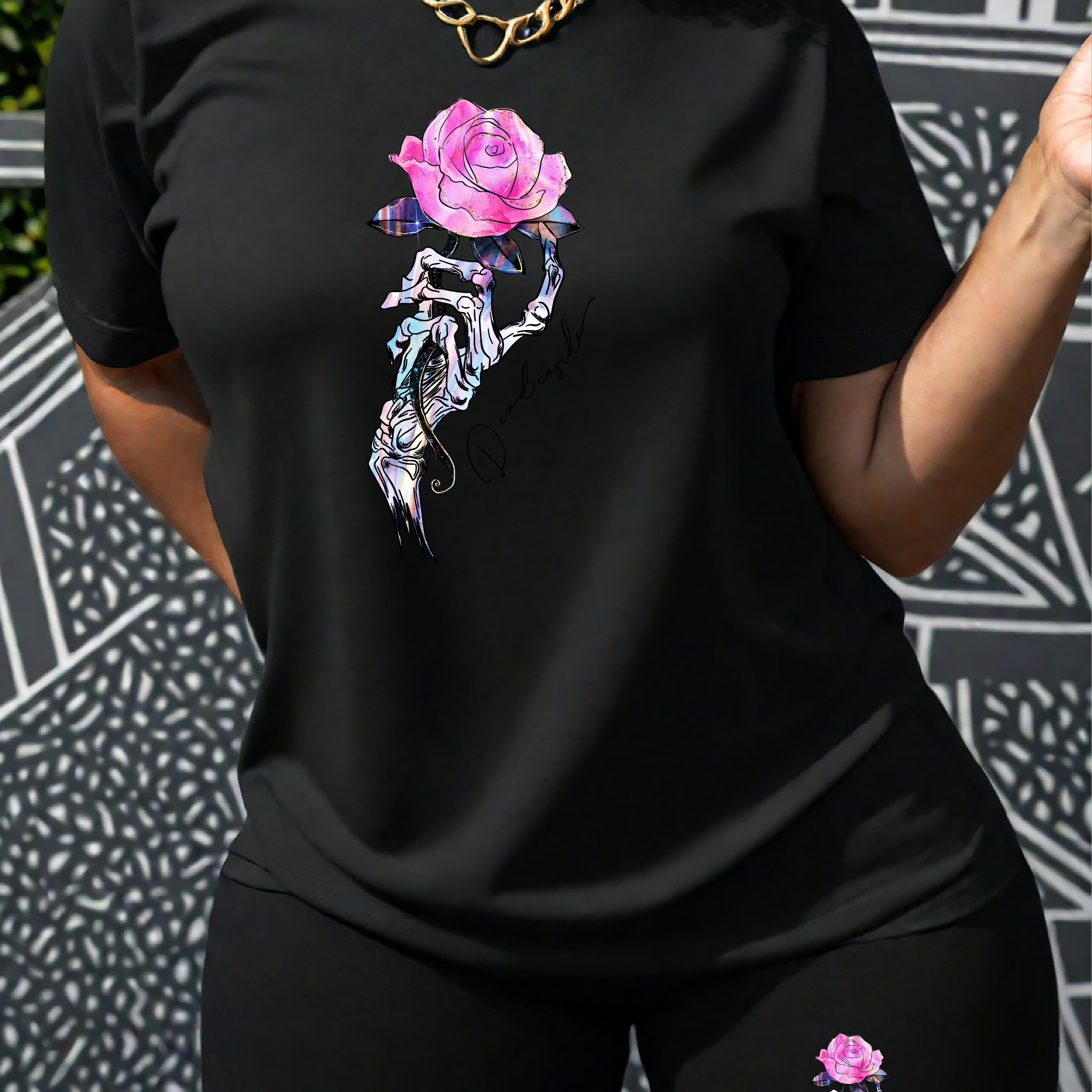 

Skull Hand & Floral Print Two-piece Set, Casual Short Sleeve T-shirt & Biker Shorts Outfits, Women's Clothing