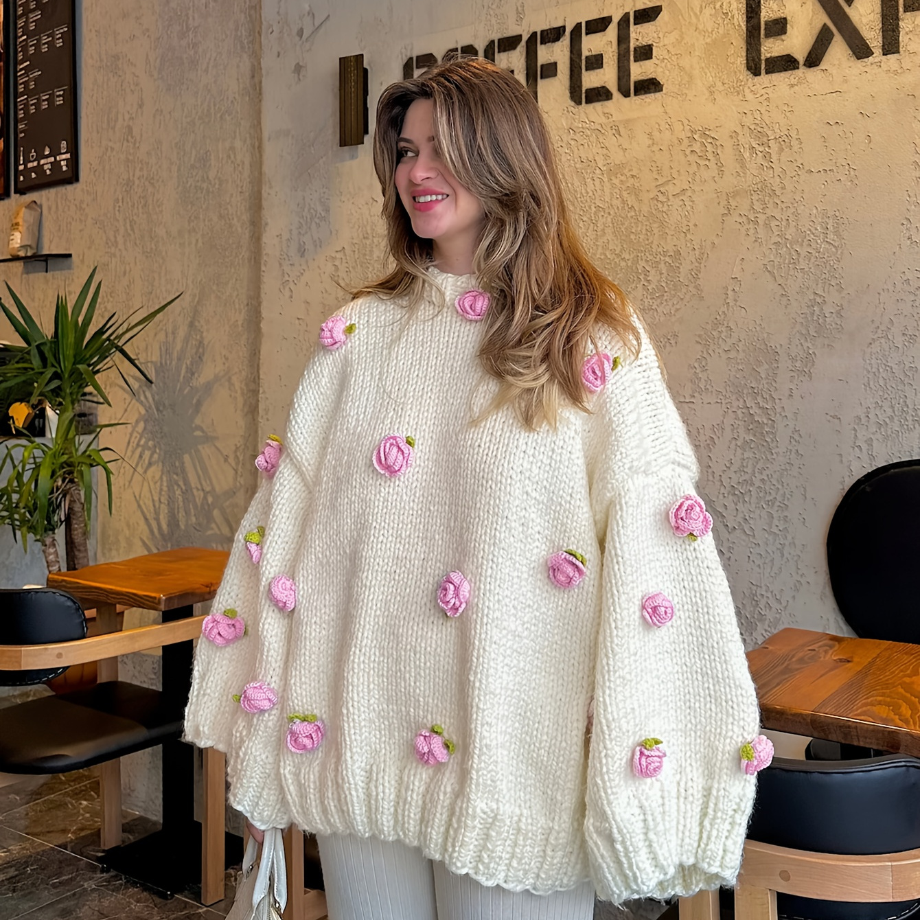 

Floral Decor Oversized Knit Pullover, Casual Long Sleeve Crew Neck Top For Fall & Winter, Women's Clothing