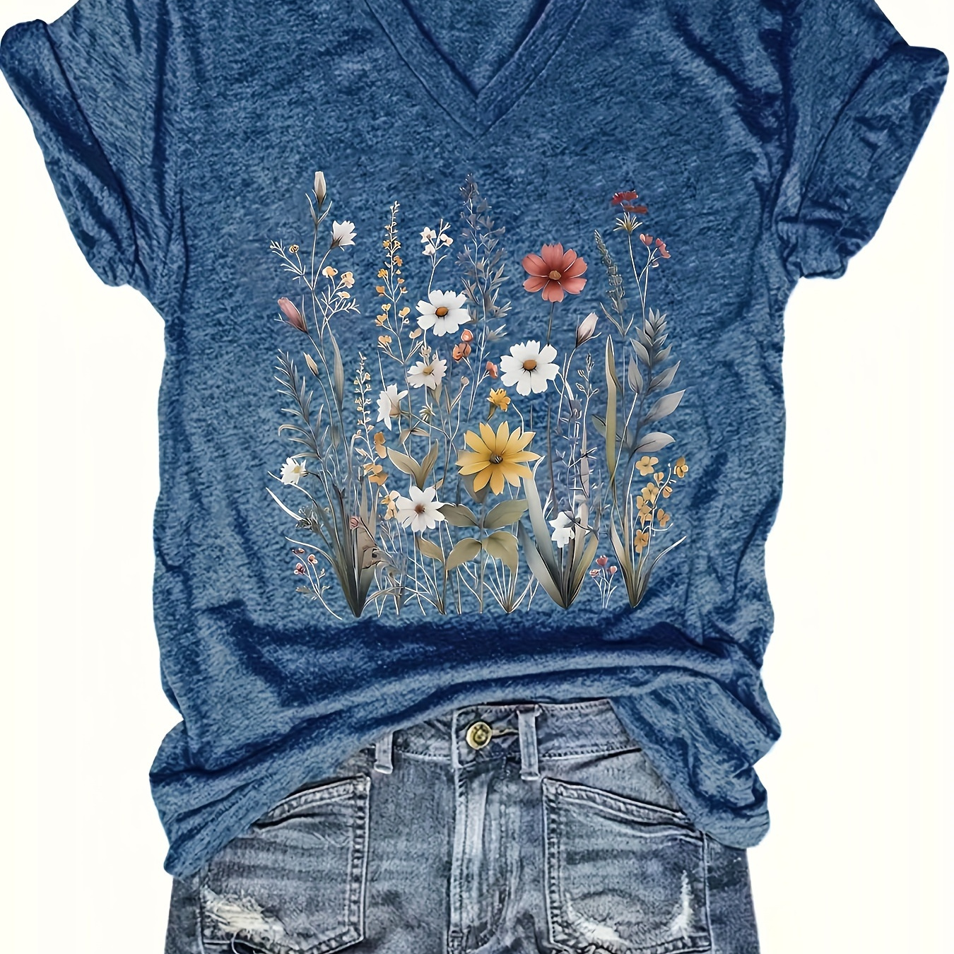 

T-Shirt Décontracté pour Femme avec Col en V et Imprimé Floral - Mélange de , Manches Courtes, Haut pour l'Été