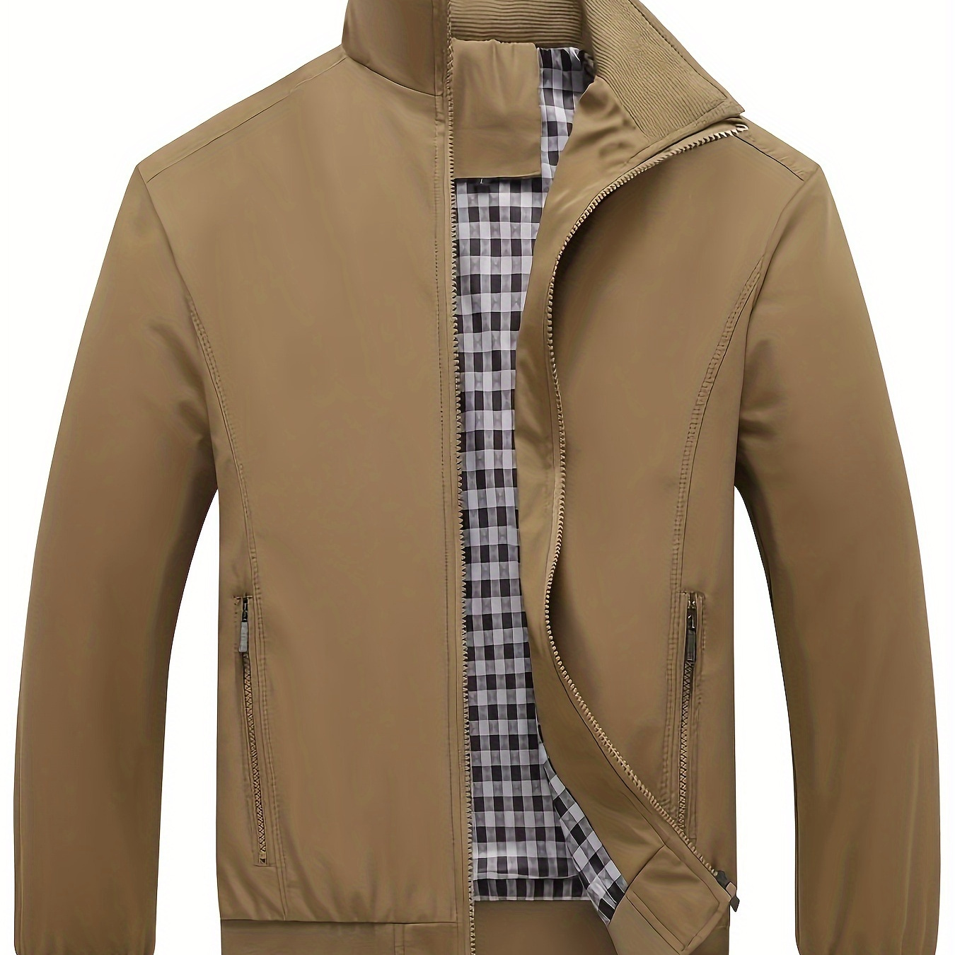 

Men's Casual Solid Jacket With A Collar, Zip Pockets, And Long Sleeves For Outdoor Wear.