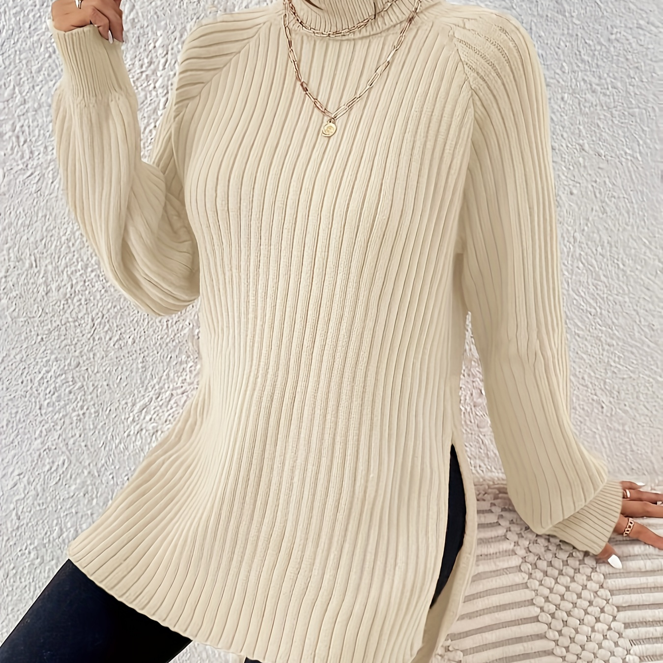 

Split Turtle Neck Sweater, Elegant Raglan Sleeve Solid Color Sweater For Fall & Winter, Women's Clothing