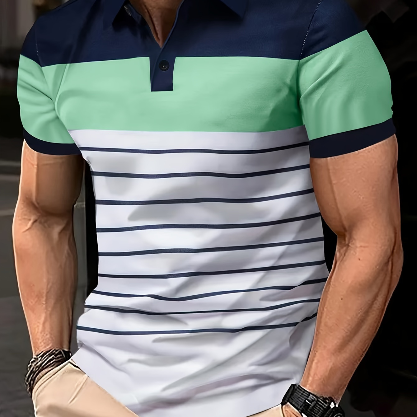 

Men's Coor Matching Striped Golf Shirt, Casual Short Sleeve Shirt For Outdoor