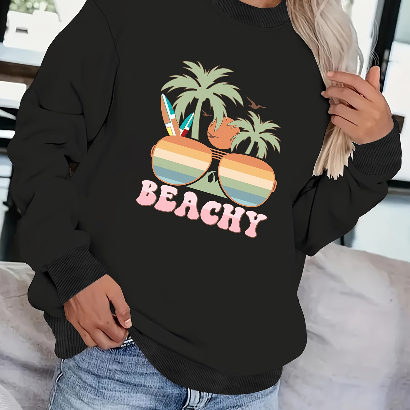 

Beachy Print Casual Loose Long-sleeved Sweatshirt, Pullover Crew Neck Sweatshirt, Women's Sweatshirts