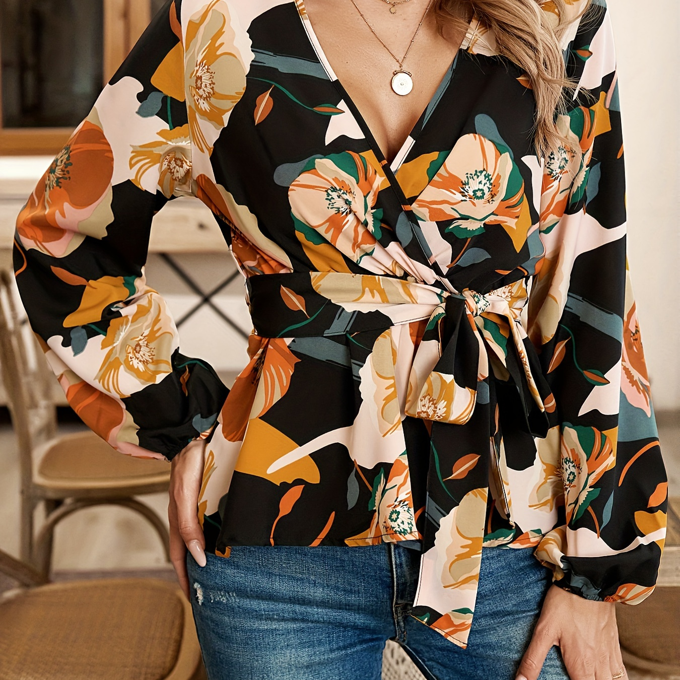 

Floral Print Surplice Neck Flare Blouse, Elegant Lantern Sleeve Peplum Tied Blouse For Spring & Fall, Women's Clothing