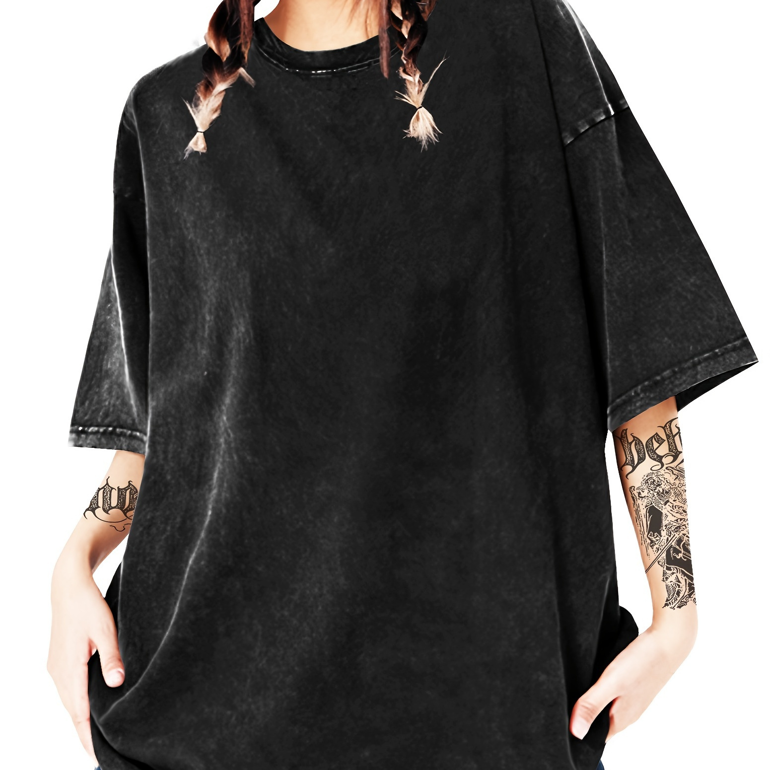 

Solid Color Drop Shoulder T-shirt, Vintage Crew Neck Oversized T-shirt For Spring & Summer, Women's Clothing