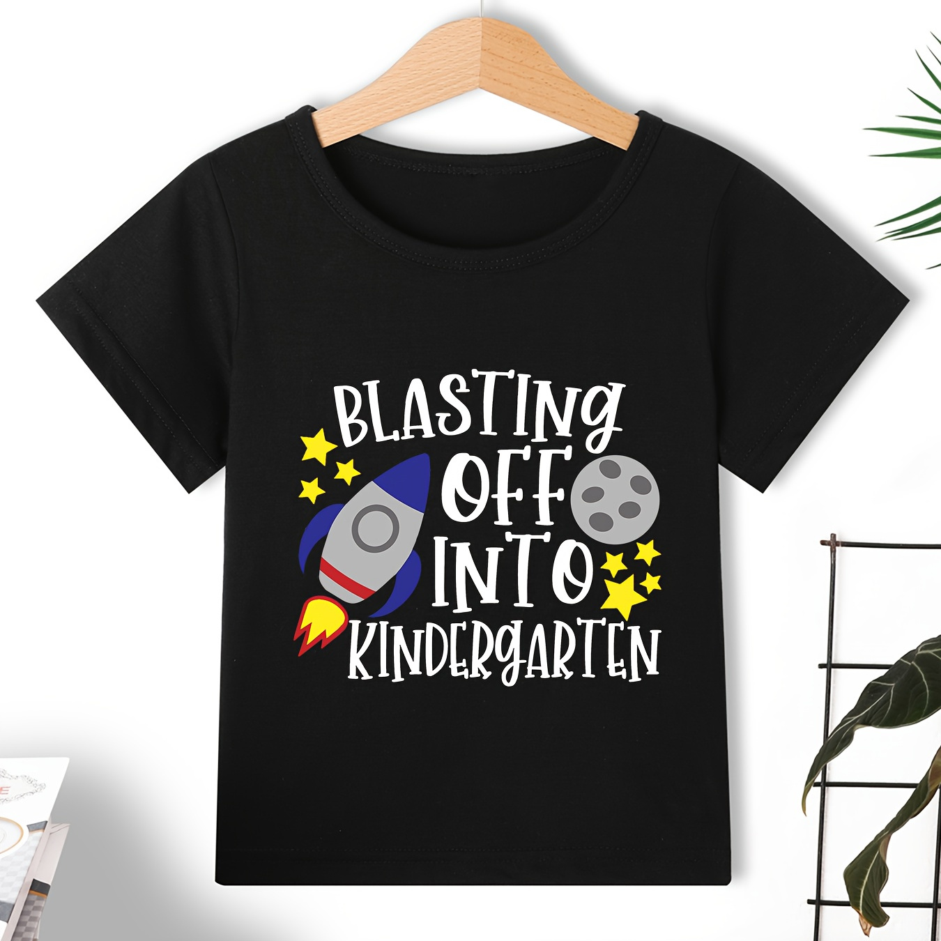 

Cute Blasting Off Into Kindergarten Print Casual Short Sleeve T-shirt For Boys, Cool Comfy Lightweight Versatile Tee Top, Boys Summer Outfits Clothes