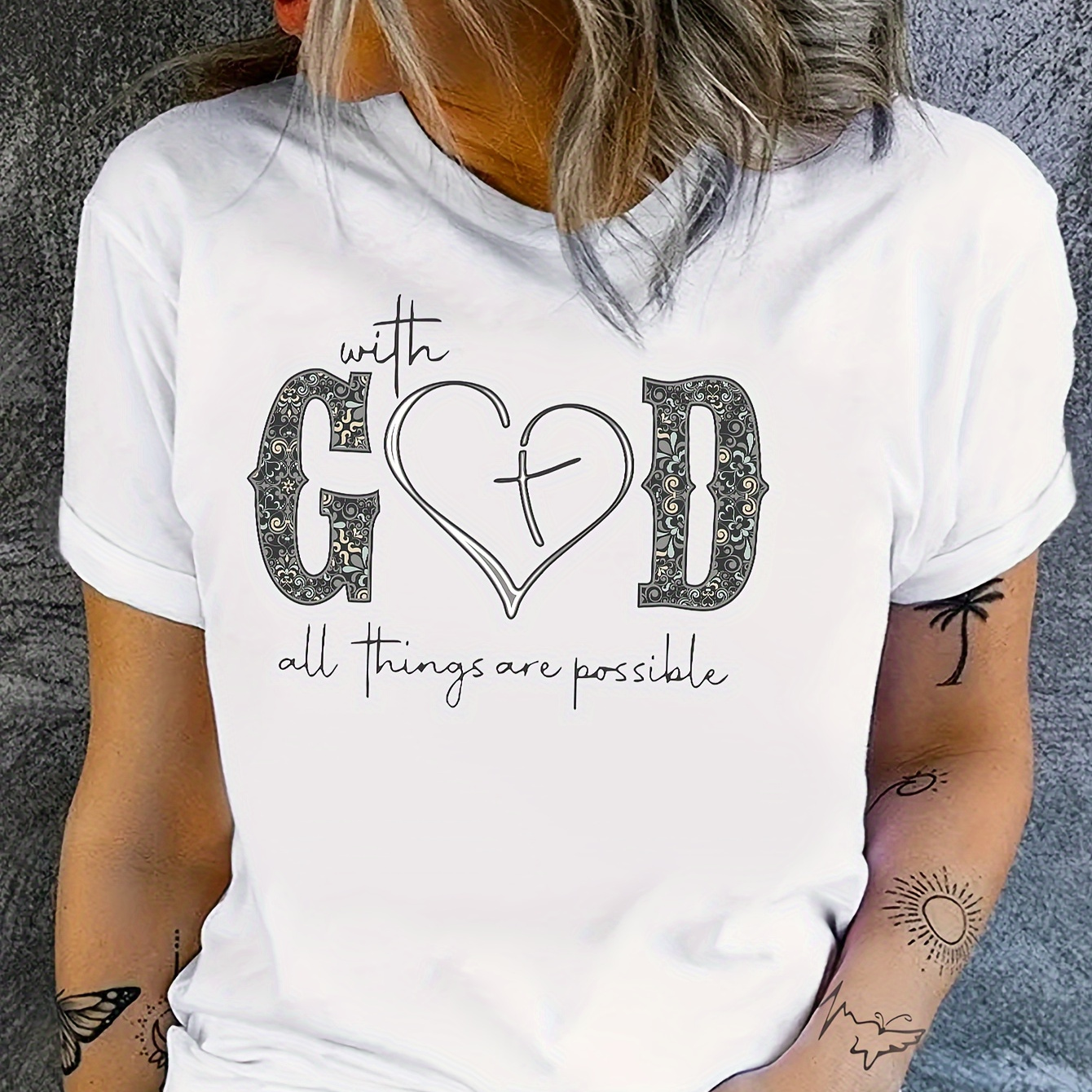 

With God Letter Print T-shirt, Short Sleeve Crew Neck Casual Top For Summer & Spring, Women's Clothing