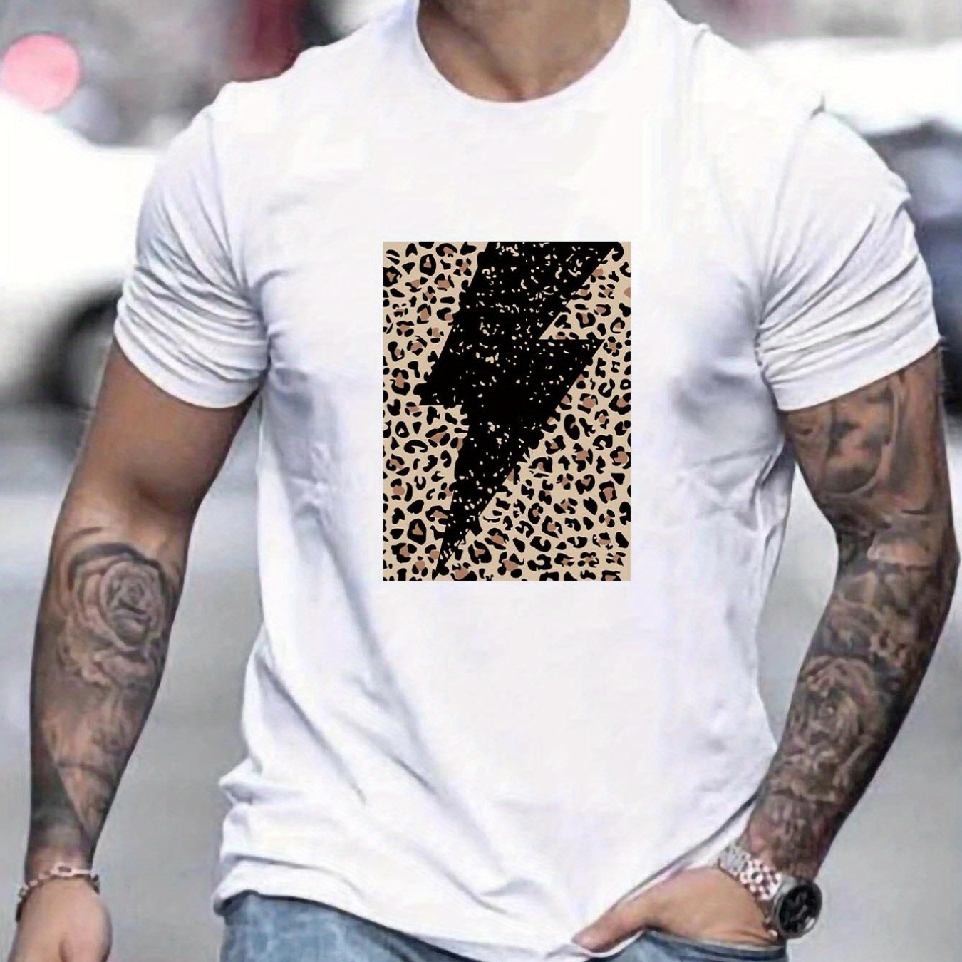 

Leopard Lightning Pattern Print Men's Slightly Stretch T-shirt, Graphic Tee Men's Summer Clothes, Men's Outfits